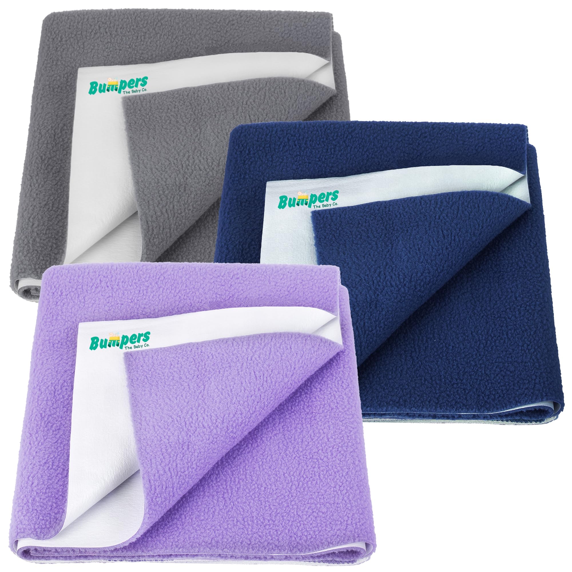 Bumpers Anti-Piling Quick Dry & Absorbent Sheet Polycotton Baby Bed Protecting Waterproof Mat (Violet, Dark Blue, Grey, Small (70 x 50cm), Pack of 3)