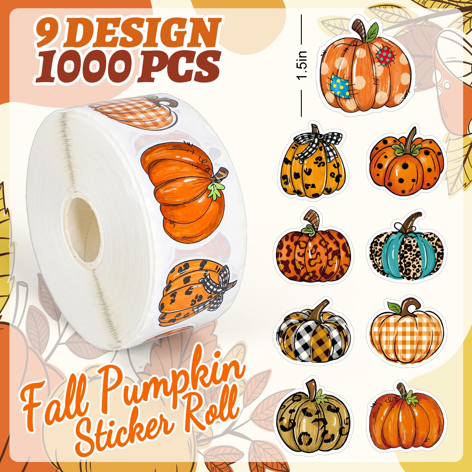 Whaline 1000Pcs Halloween Pumpkin Stickers Roll - 8 Designs, Self-Adhesive For Cards, Crafts, Party Decor - View #8