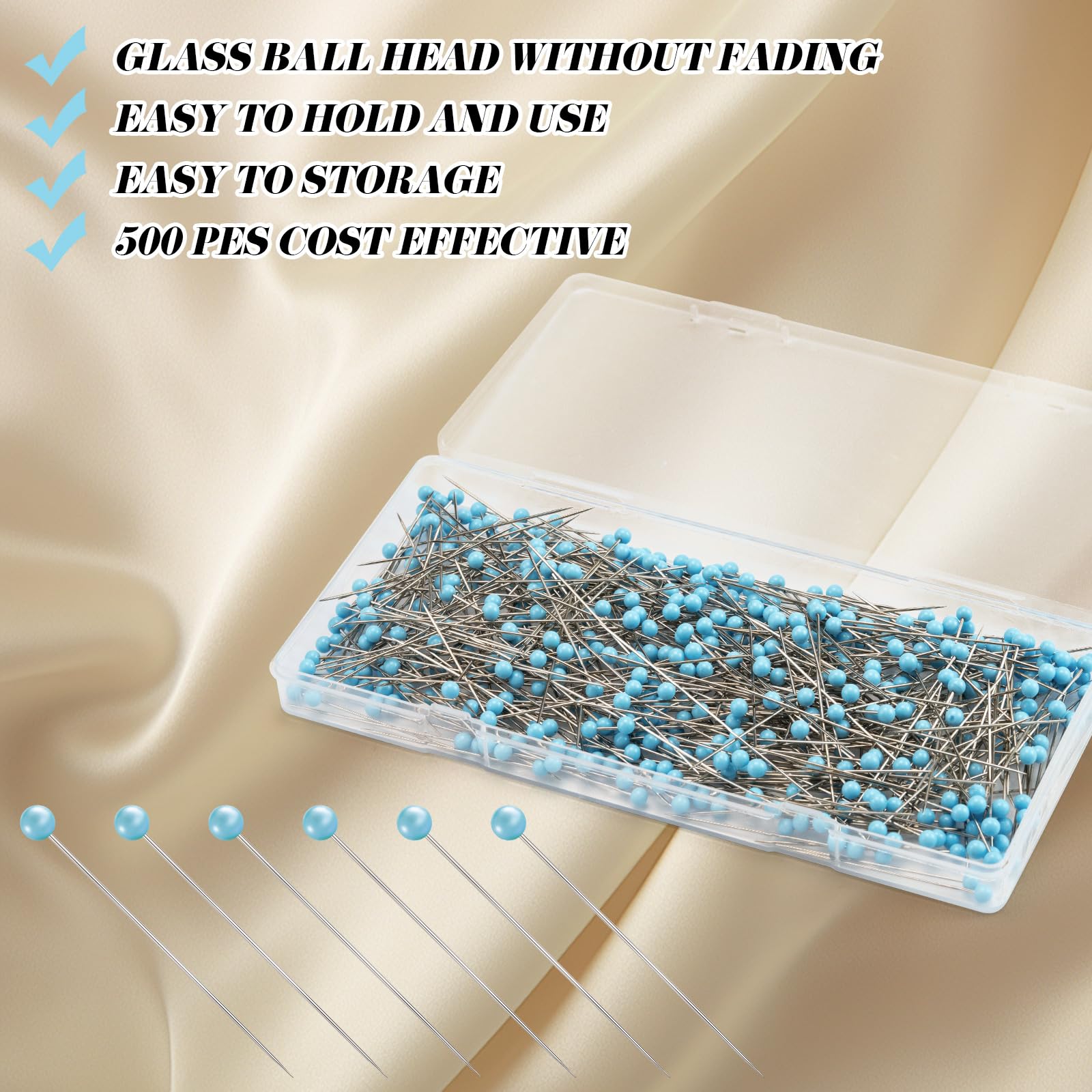 500 Stück Nähnadeln, Quiltnadeln, 4,4 cm, gerade, lange blaue Glas-Kugelkopf-Nähnadeln für Stoff, Edelstahl-Schneiderei zum Nähen, Basteln, Schmuckherstellung, DIY