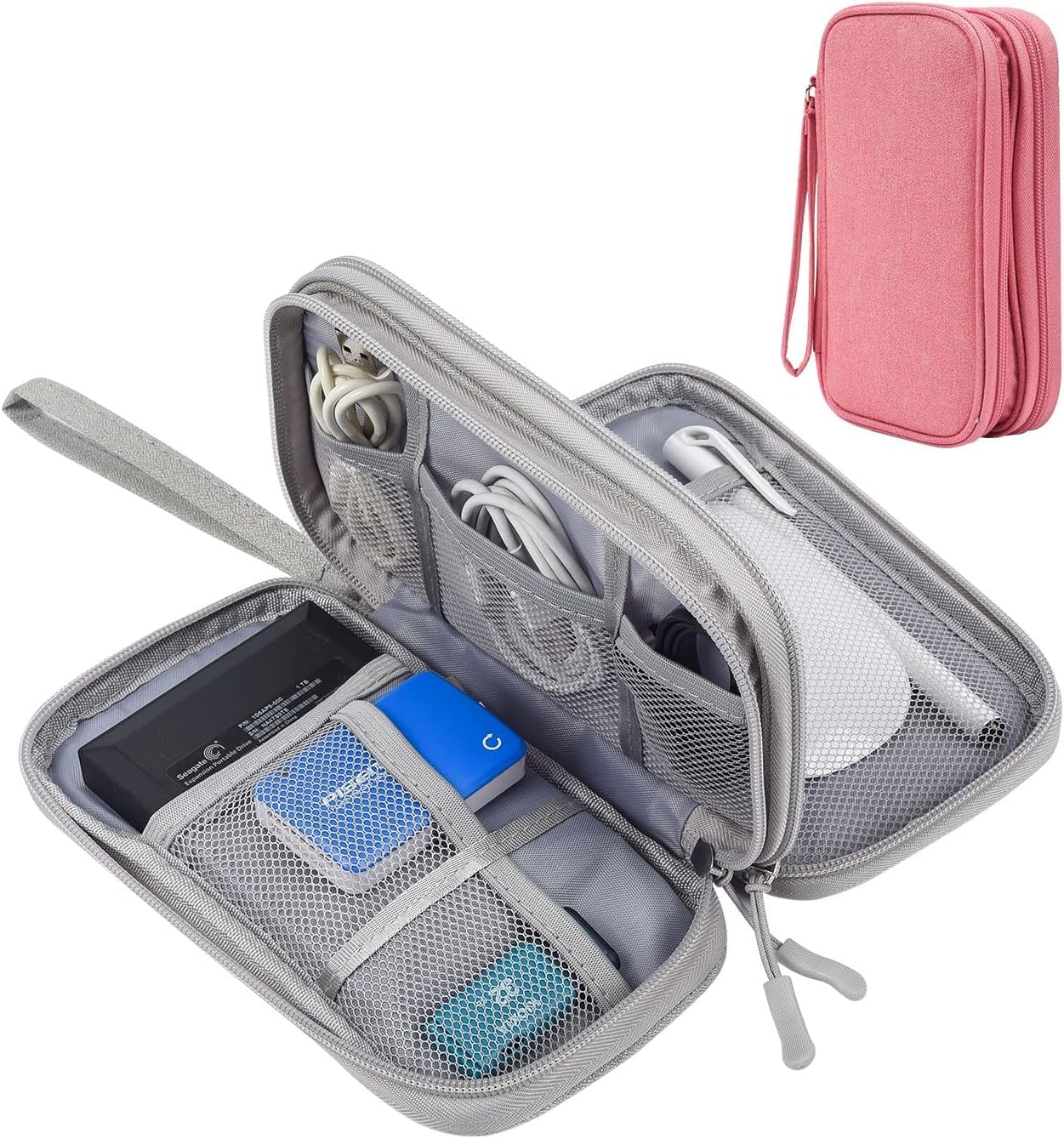 Electronics Accessories Organizer Pouch Bag, 2 Pack Travel Universal Organizer for Cable, Charger, Phone, SD Card, Business Travel Gadget Bag with Zipper(Grey and Pink)
