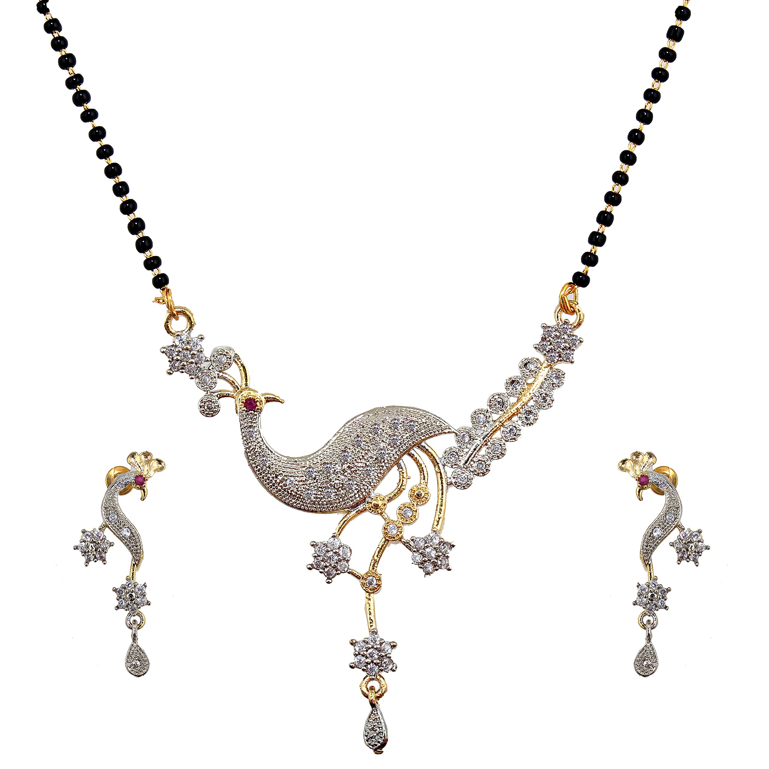 18K Gold Plated American Diamond (AD) White Color Peacock Shape Mangalsutra with Earring with Black Beaded Chain for Girls and Women (198-U2MA-1281)-image-45