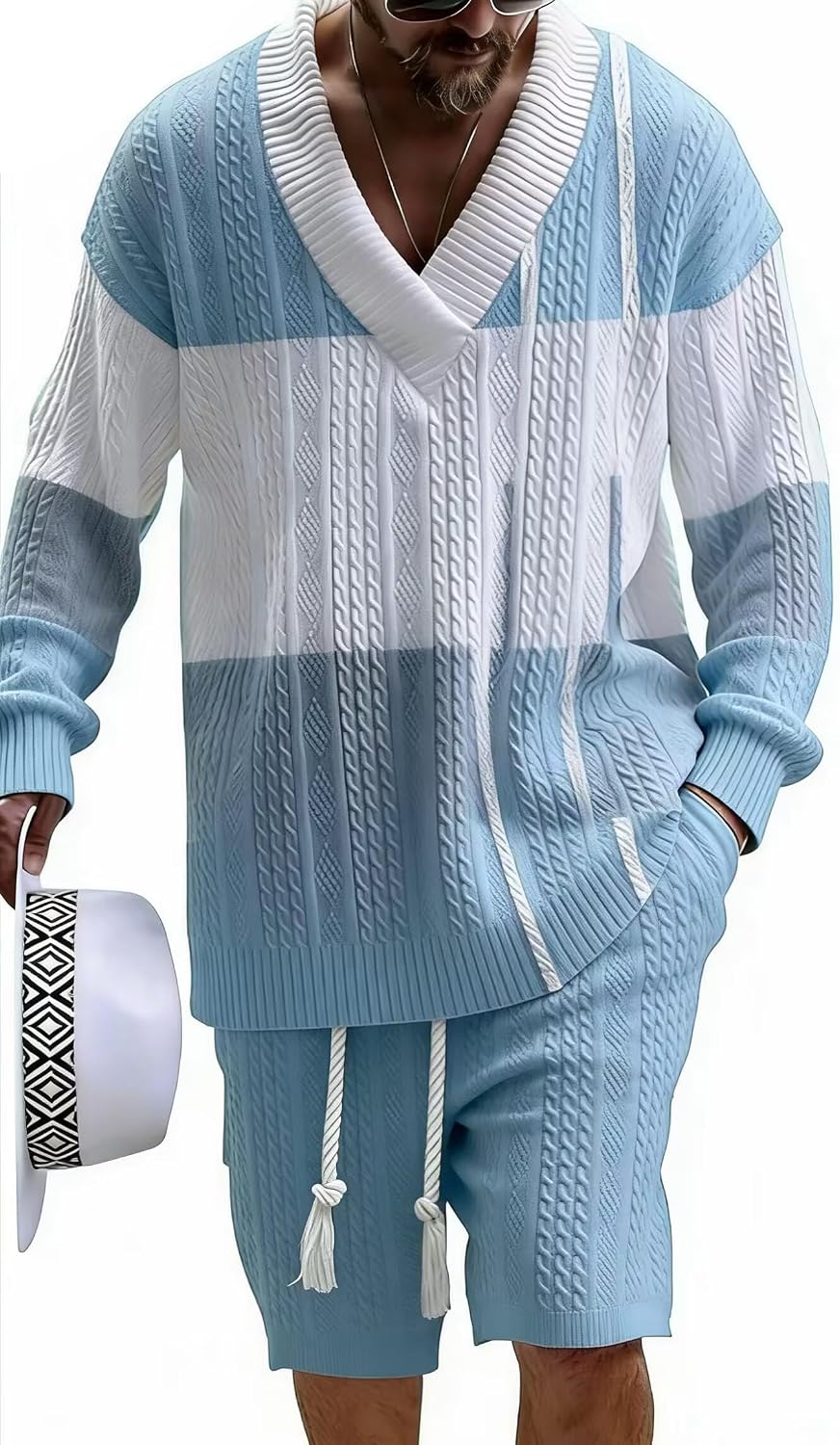 TIFIYA Men's Fashion Long Sleeve Tracksuit Shorts Set Hip Hop V Neck Drawstring Athleisure Sweatsuits