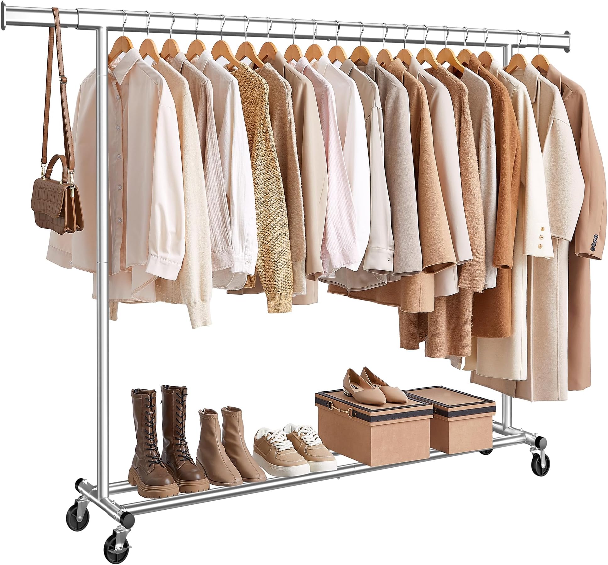 SONGMICS Clothes Rack on Wheels, Heavy Duty Clothes Rail, 45 x (160-200) x 161.5 cm, with Extendable Hanging Rail, 150 kg Load Capacity, Easy Assembly, Portable, Silver HSR175E01