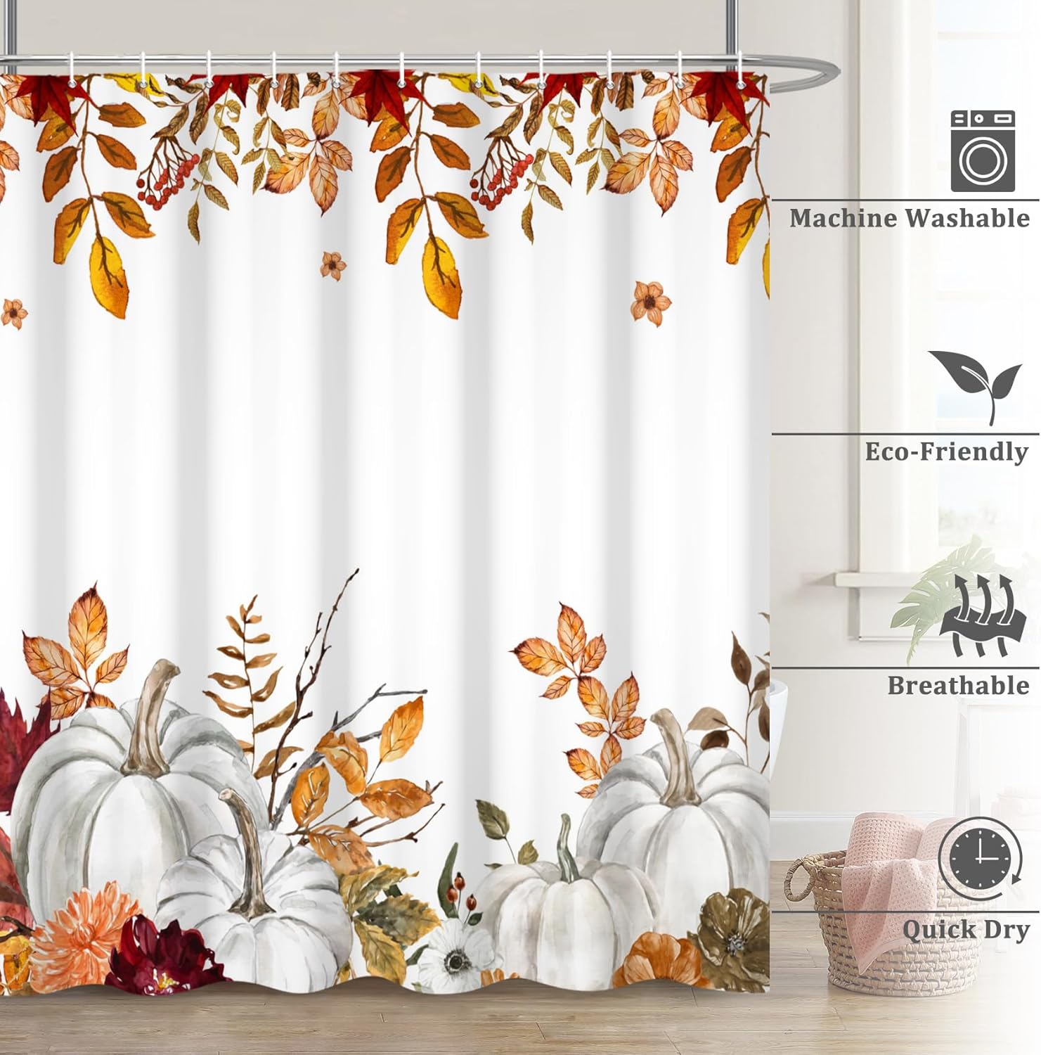 Renaiss 72 x 78 Inch Fall Harvest Thanksgiving Pumpkin Shower Curtain Autumn Leaves Pumpkins Farmhouse Bath Curtain Maple Leaves Bathroom Accessories Botanical Bathroom Curtain Liner Set with Hooks