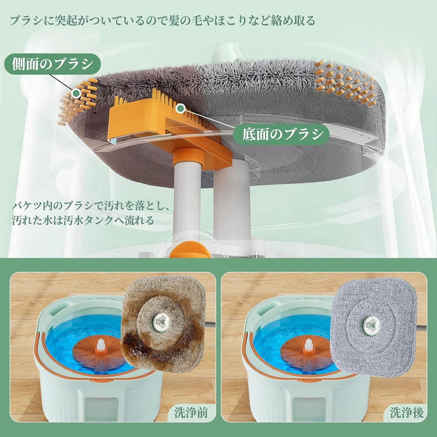 回転モップ フロアモップ 水拭き 床拭き モップ 取り外し可能なバケツ付き ハンドル高さ調節可能 床掃除 モップクリー 【ランチ】