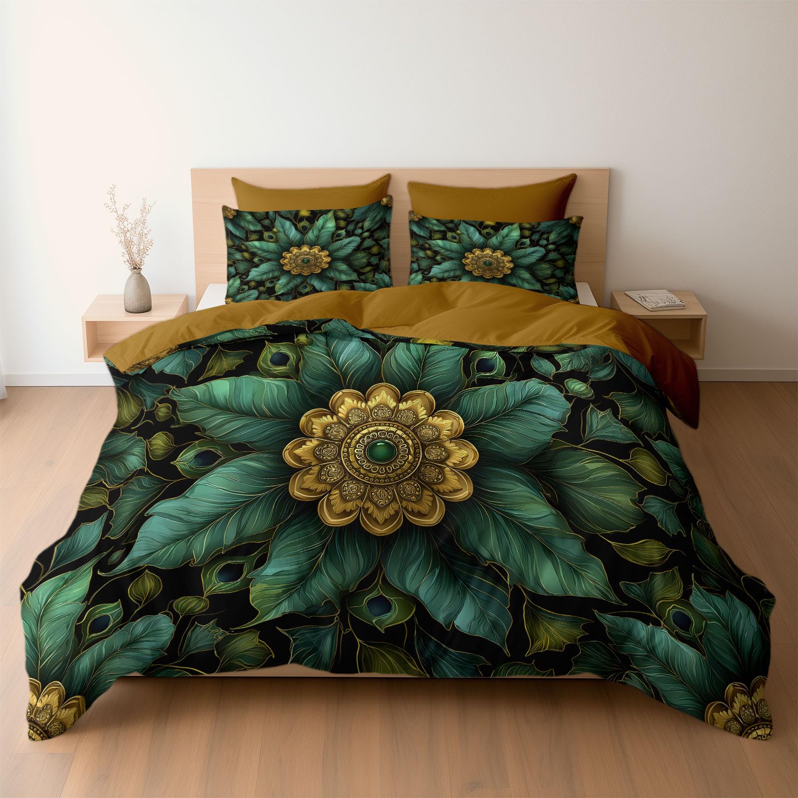 Super King Duvet Set, Green Leaves Golden Mandala Art Premium Brushed Microfiber 260 x 220 cm, Ultra Soft Reversible Luxury Quilt Cover Bedding Set With Zipper Closure, Golden Brown