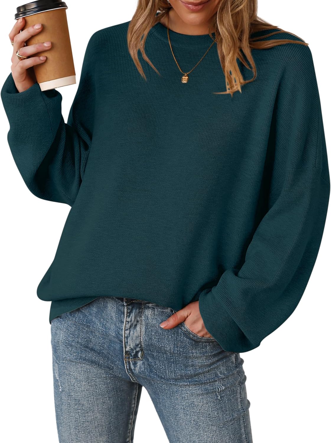 Arach&Cloz Women's Wool Blend Oversized Sweaters Crewneck Casual Outfits Fashion Spring Tops