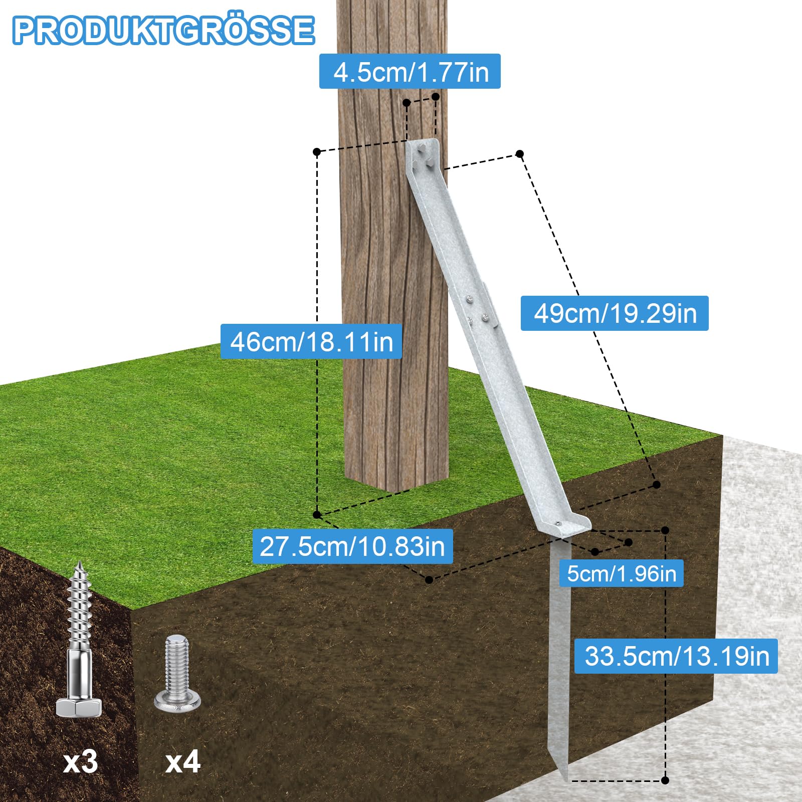 Bodenanker-sturmanker für sichtschutzzaun,Verzinkter Stahl Erdanker für Zaunpfosten,pfostenanker für Gartenzaun,Windanker zur Stabilisierung (4, Silber)