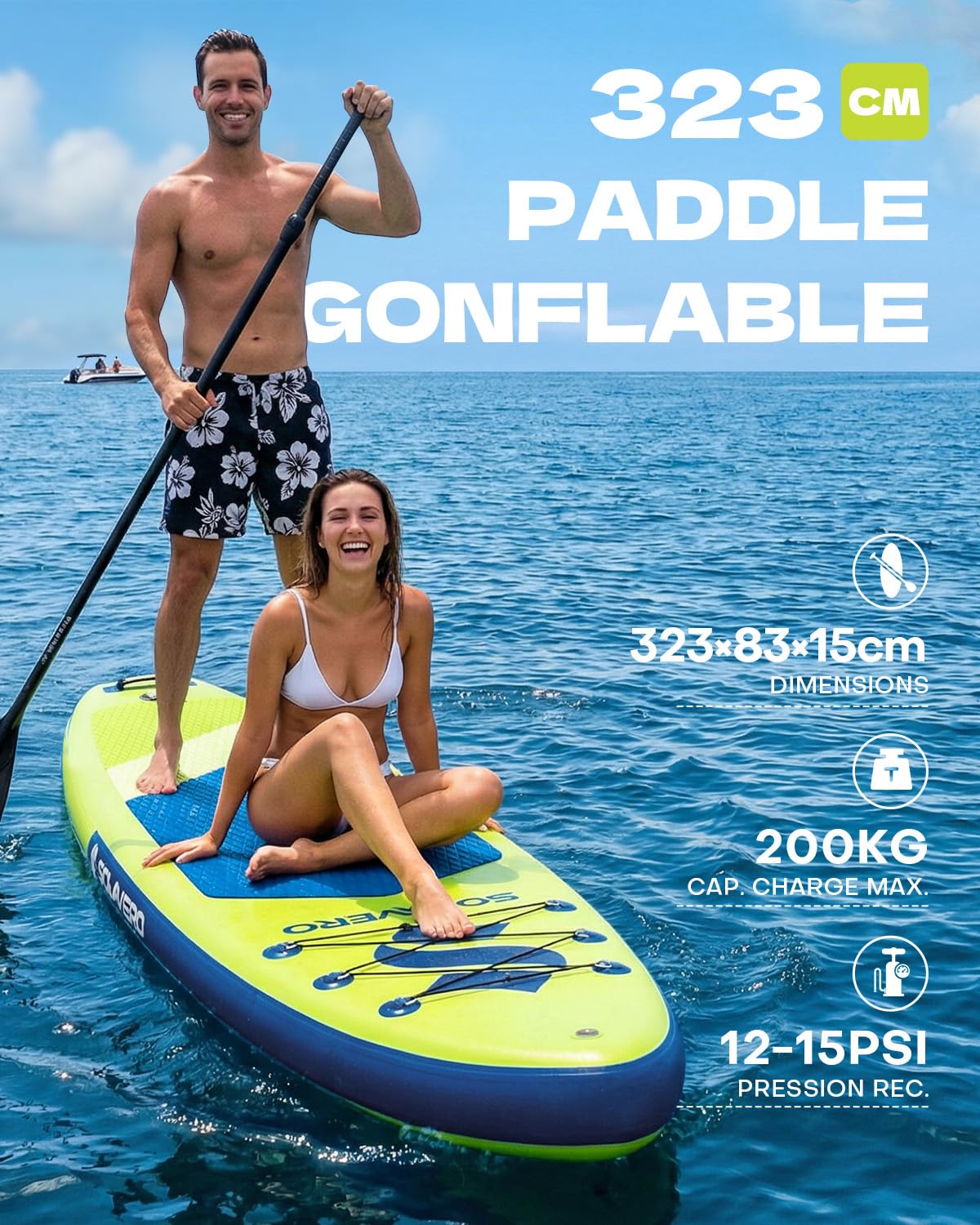 SOLAVERO Paddle Gonflable Adulte 323 x 83 x 15 cm Stand Up Paddle avec Pont EVA Antidérapant, Pagaie Réglable, 3 Aileron, Jusqu'à 200 kg