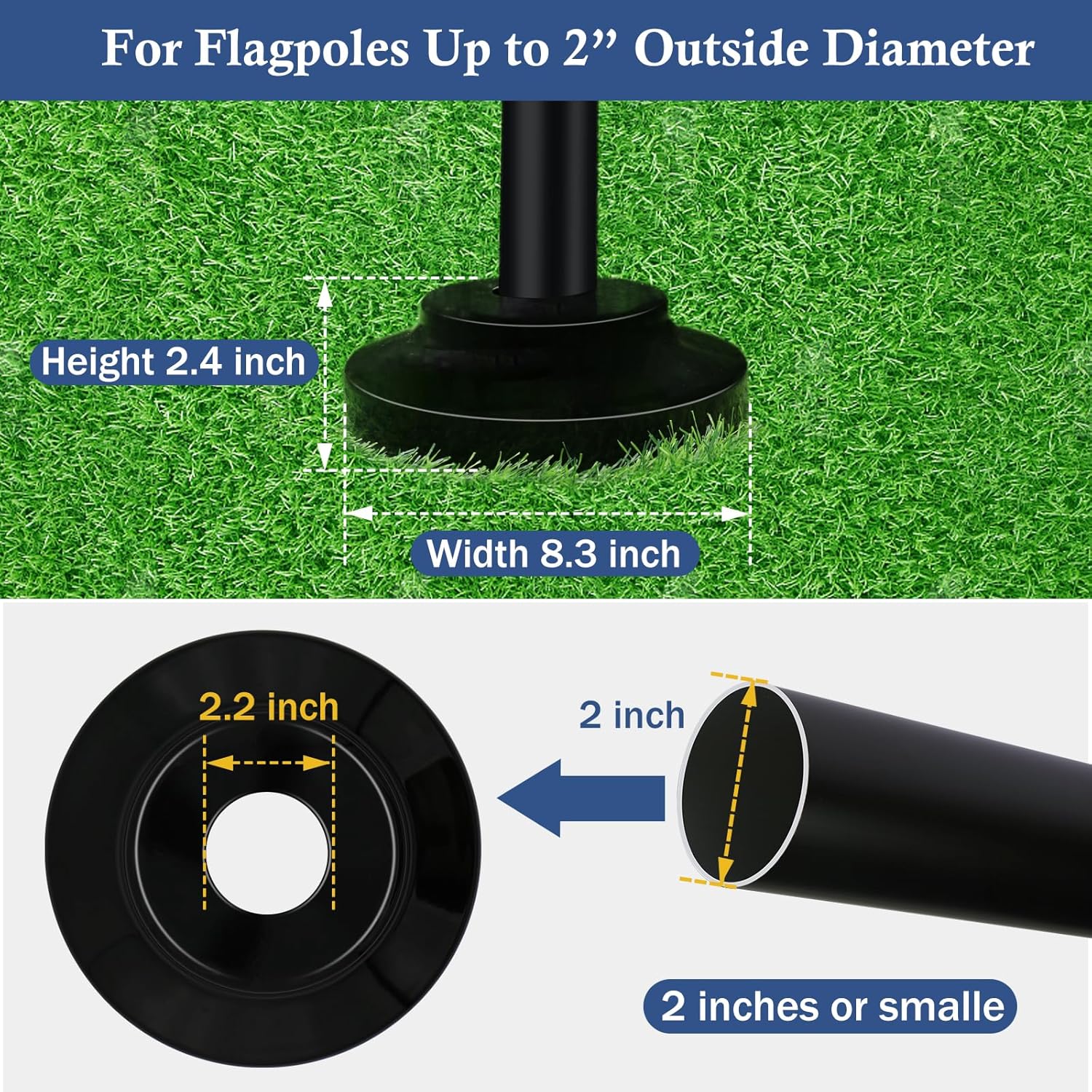 NQ Flag Pole Flash Collar Base for 2" Diameter Flag Pole Inground, Aluminum Flag Pole Base for Outside House, Flag Pole Accessories, Flagpole Hardware Parts (Black)