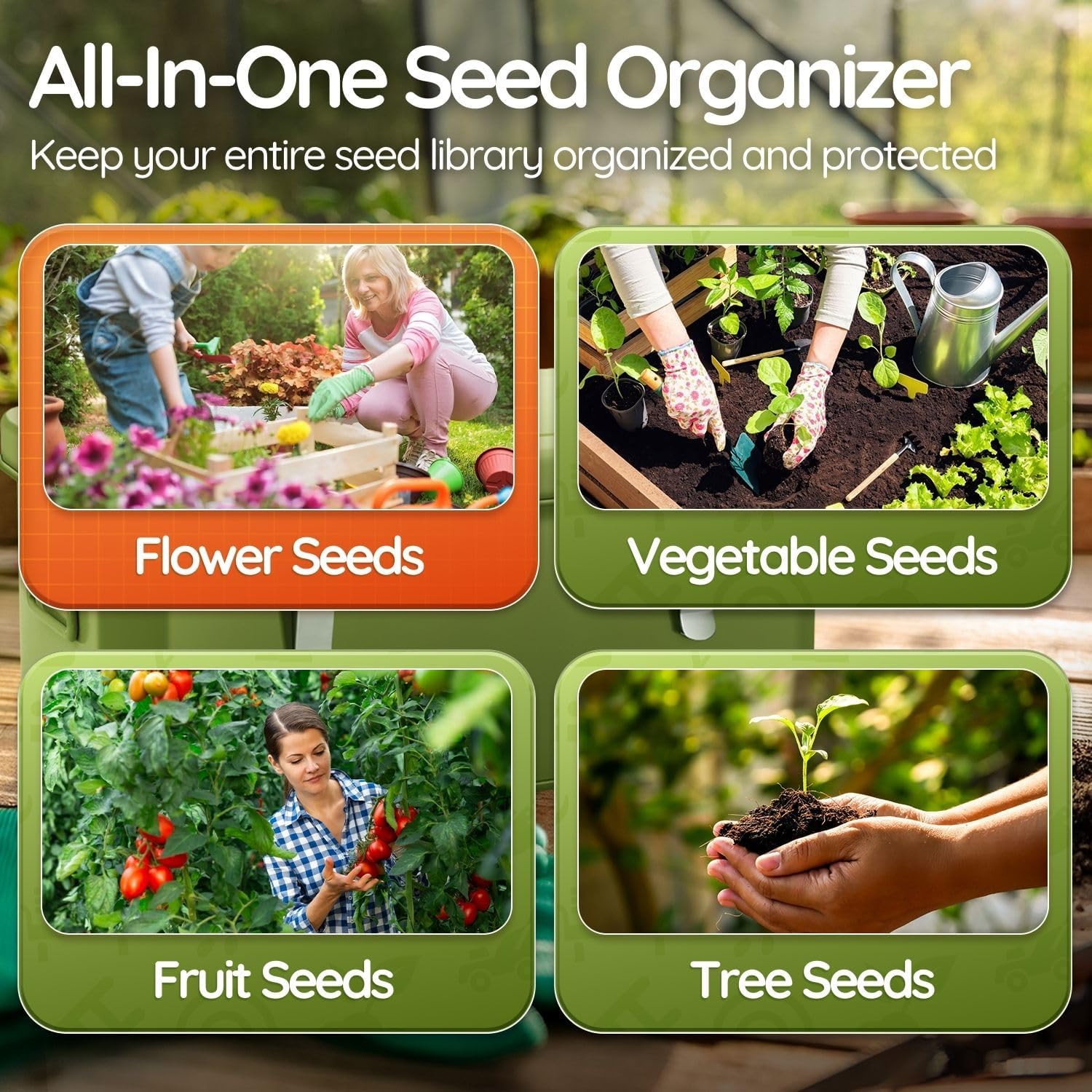 Flexzion Seed Saving Box - Metal Seed Storage Organizer Box with Lid, 4 Spacious Compartments Storage Bin for Garden Tools & More with Safety Locks, Green