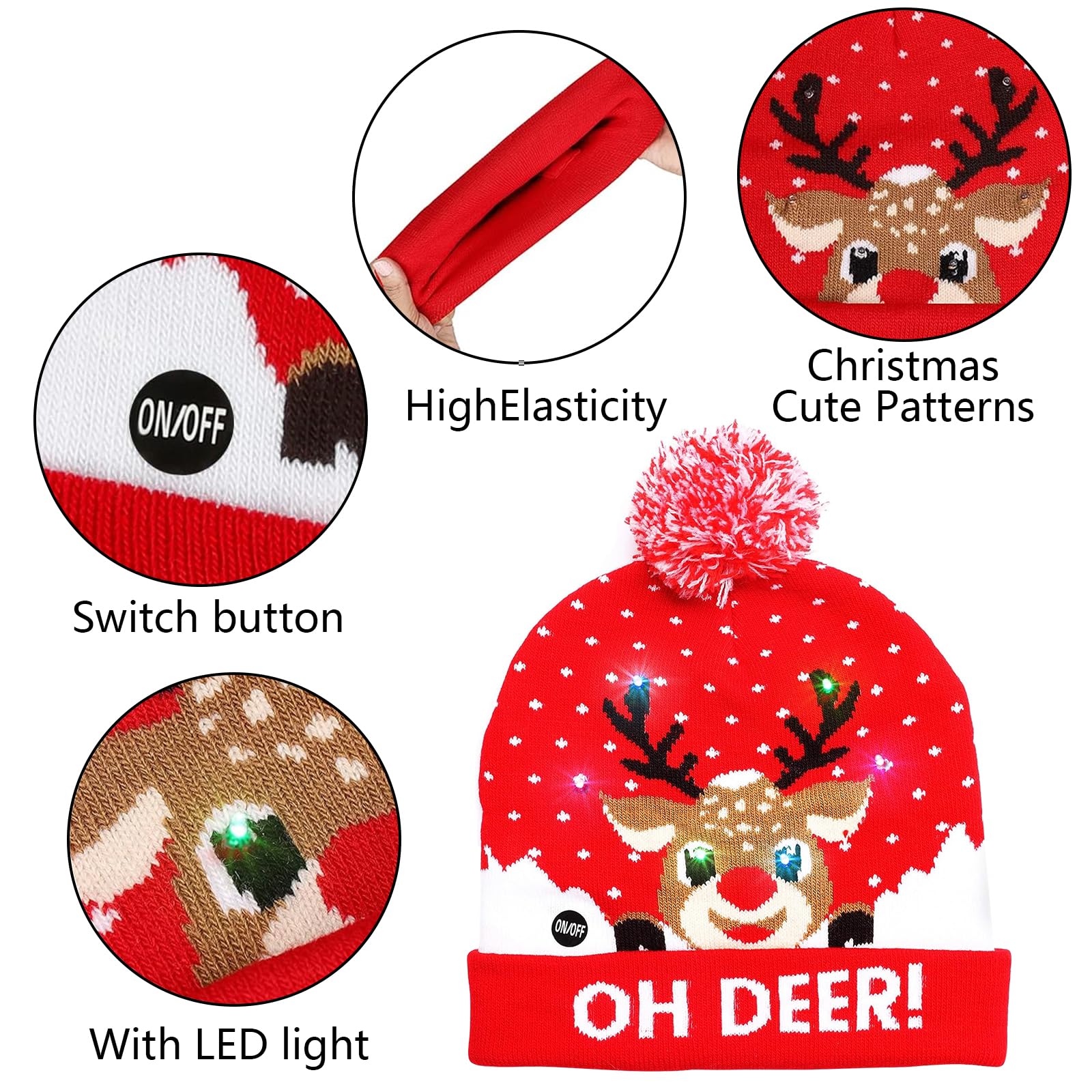 LED Weihnachtsmütze – Mit Leuchteffekten, 3 Modi, Inkl. Batterie, Elastisch Für Erwachsene & Kinder