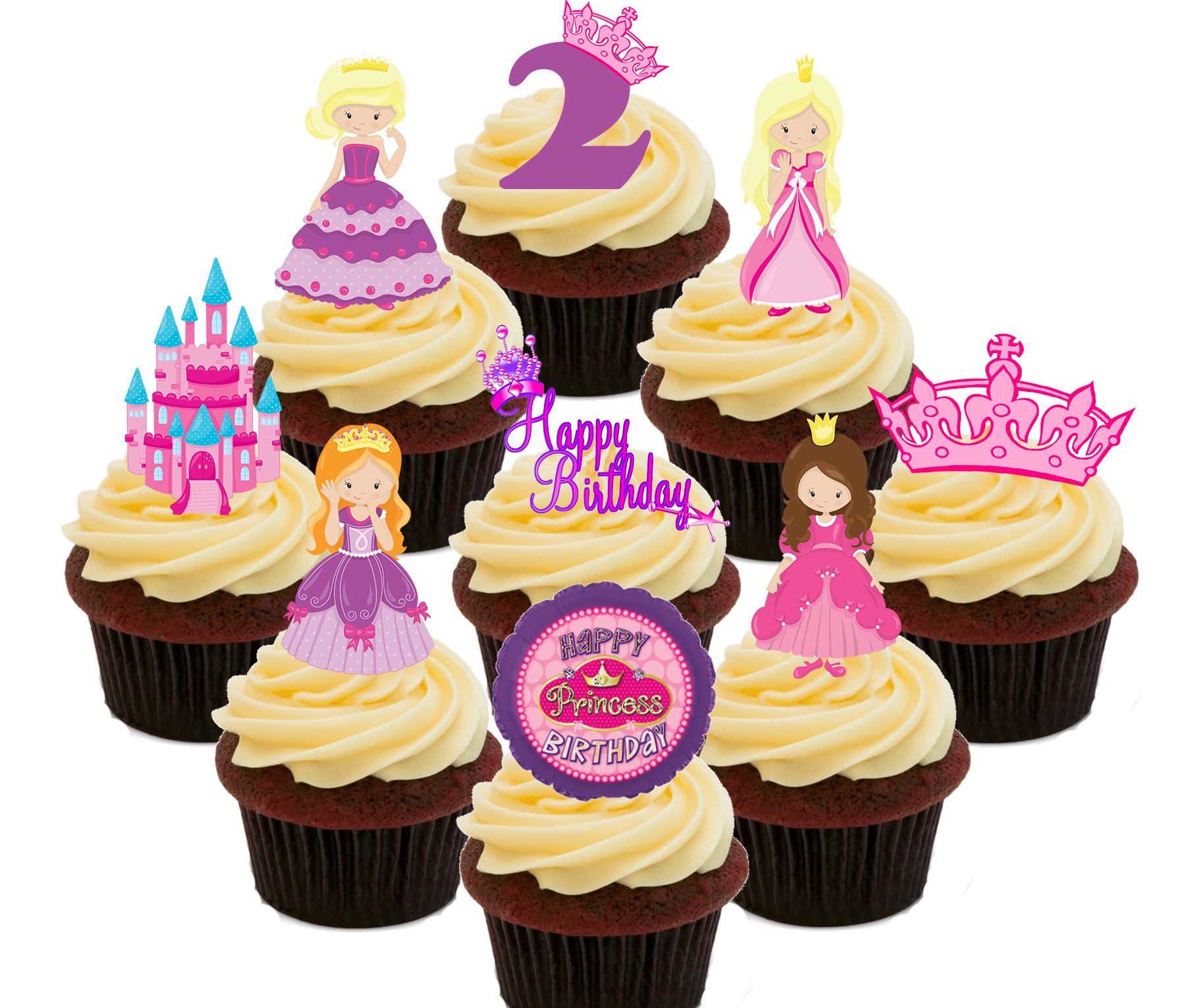 Made4You 2nd Birthday Princess - Edible Cupcake Toppers - Stand-up Wafer Cake Decorations (Pack of 36)