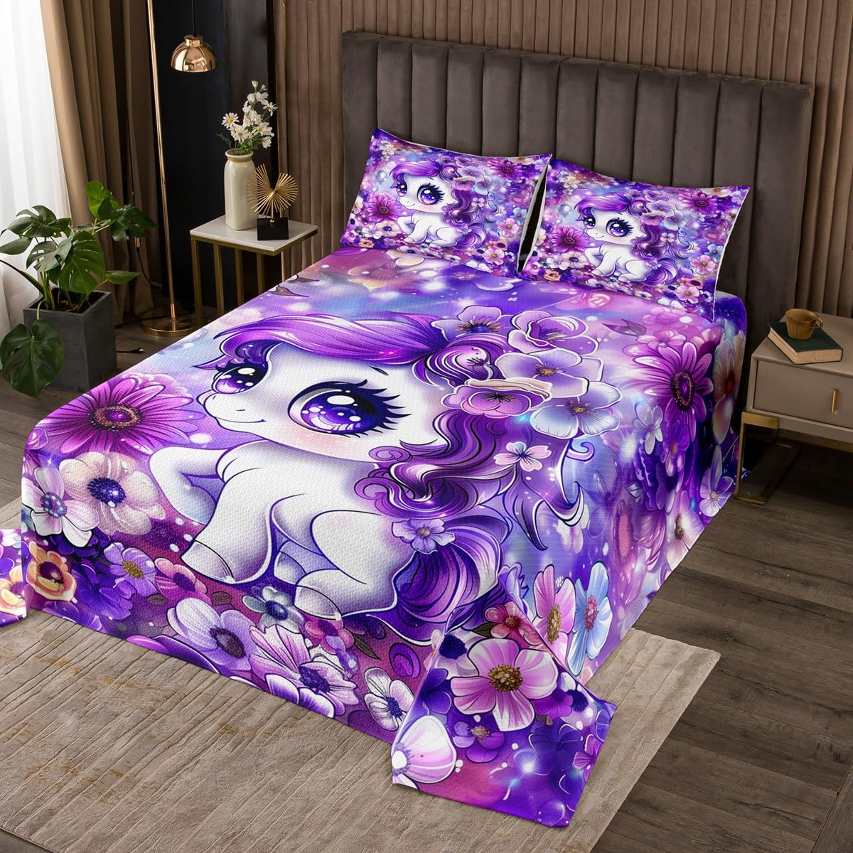 Manfei Cute Uincorn Bedspread Twin Size, Purple Floral Unicorn Coverlet Set 2pcs, Cartoon Animal Theme Quilted Coverlet with 1 Pillowcase, Kids Boys Girls Room Decor, Soft Bedding Quilt
