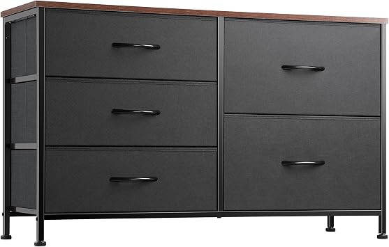 Nicehill Dresser for Bedroom with 5 Drawers, Storage Organizer, Wide Chest of Drawers for Closet, Clothes, Kids, Baby, TV Stand, Wood Board, Fabric DrawersBlack