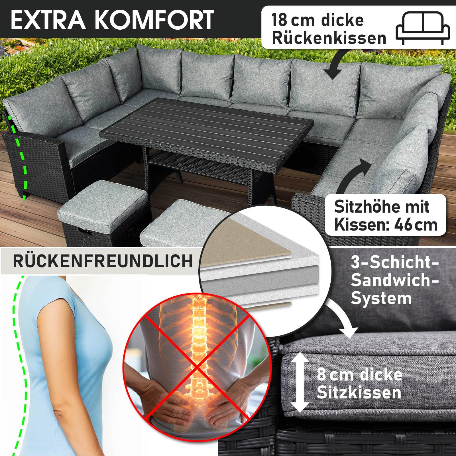 BRAST Gartenmöbel Set Family | bis zu 11 Personen viele Farben | inkl. extra Dicke Kissen | TÜV geprüft | Outdoor Loungemöbel Sitzgruppe Essgruppe Garnitur