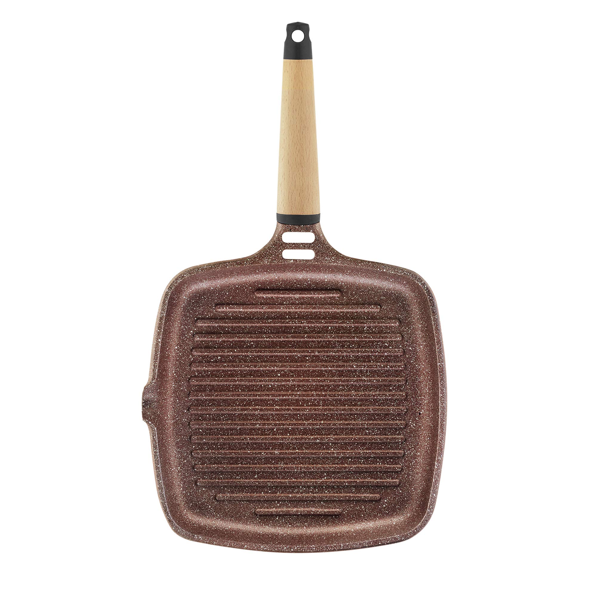 CASTEY - Grill Asador de Inducción Castey, Modelo YG27, Color Terracota, Tamaño 27 cm, Mango de Madera de Cedro, Revestimiento Antiadherente, sin PFOA, Base Full Induction, Apta para Todas las Cocinas