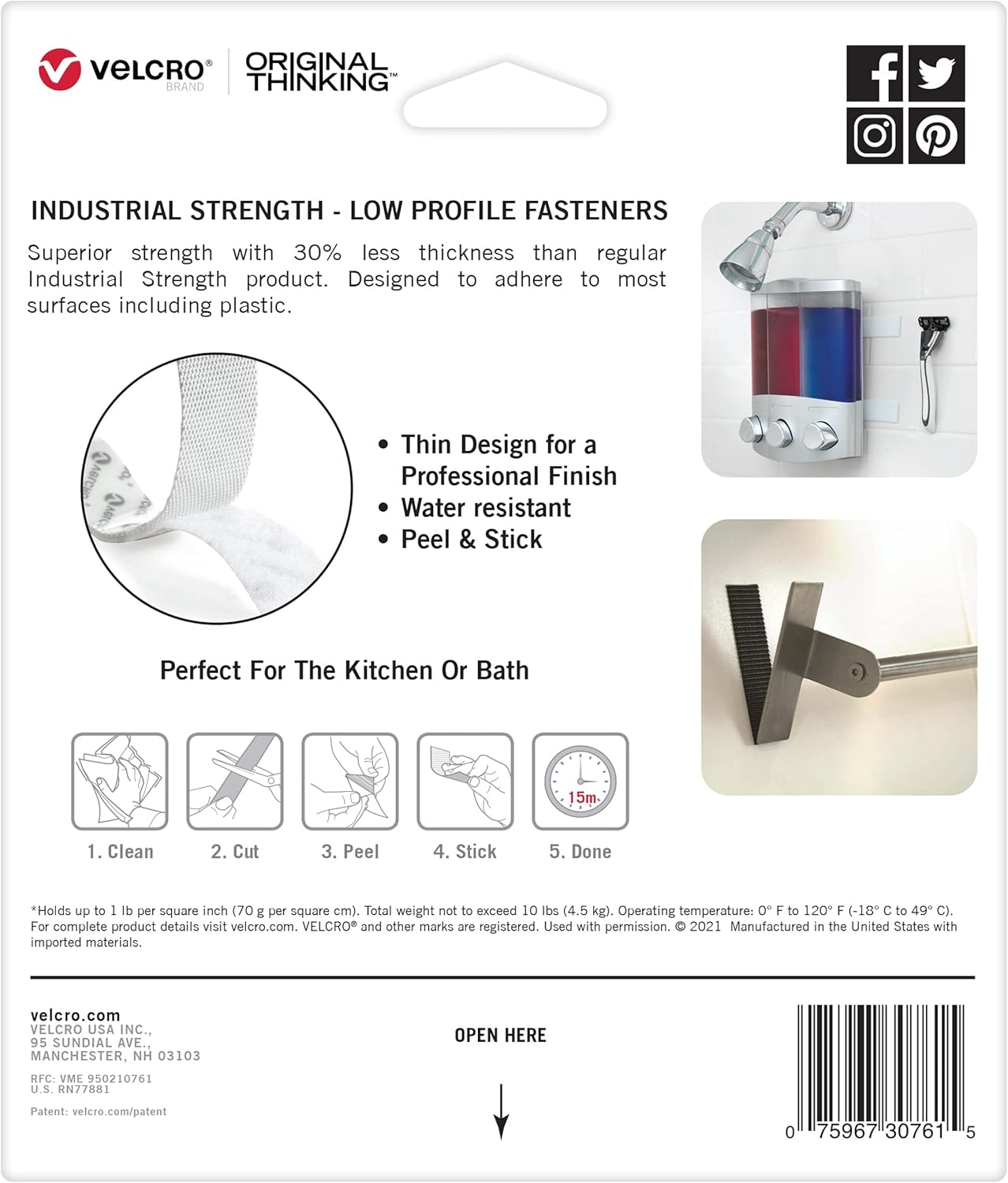 VELCRO Brand Strong Thin Tape | 12ft Heavy Duty Roll Discrete Low Profile Flush Seamless Surface Mount | Holds up to 10lbs in Kitchen or Bathroom | Powerful Fastener Solution for Tough Projects, White : Home & Kitchen