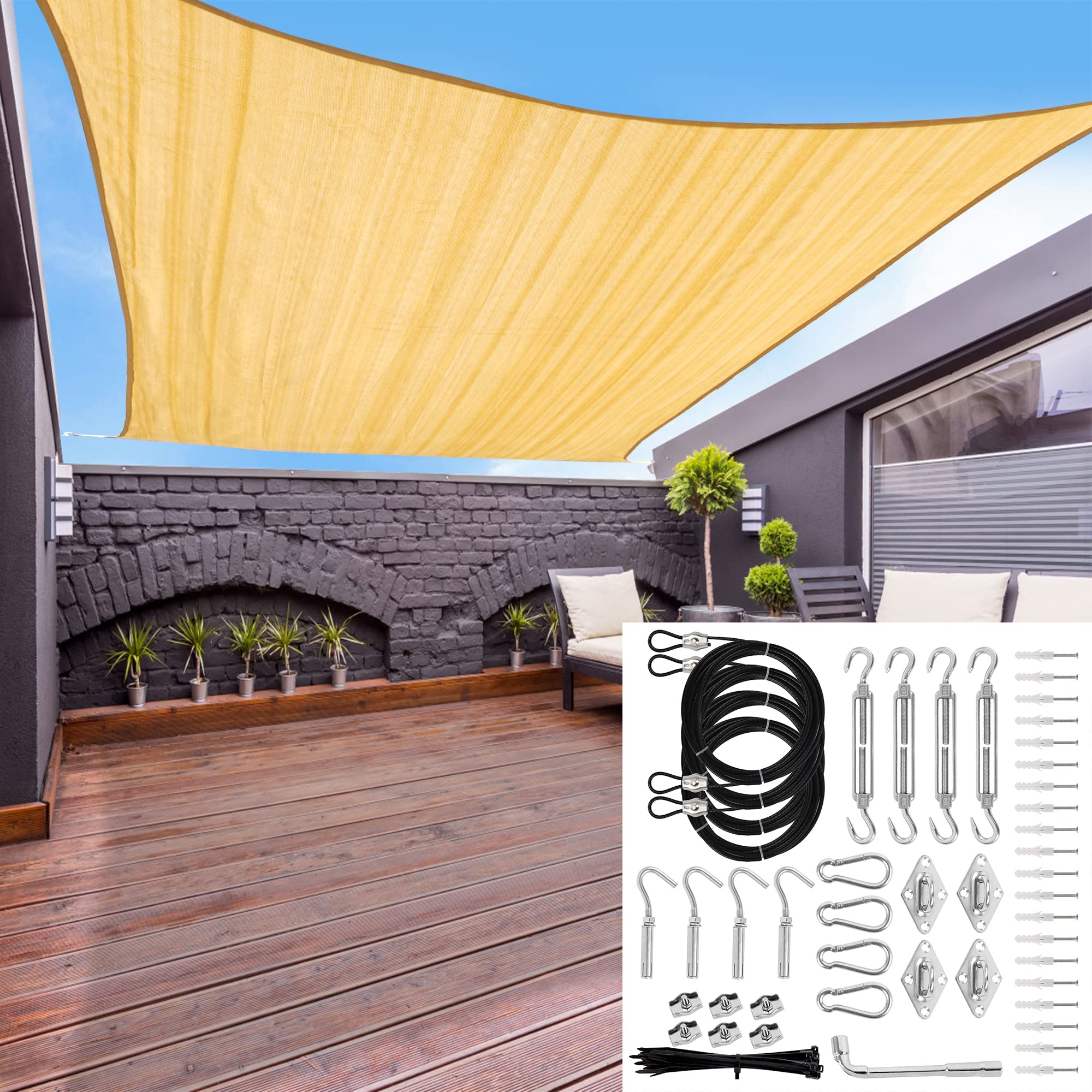 Sun Shade Sail 16'x20' Sand & Shade Sail Hardware Kit with Nylon Coated
