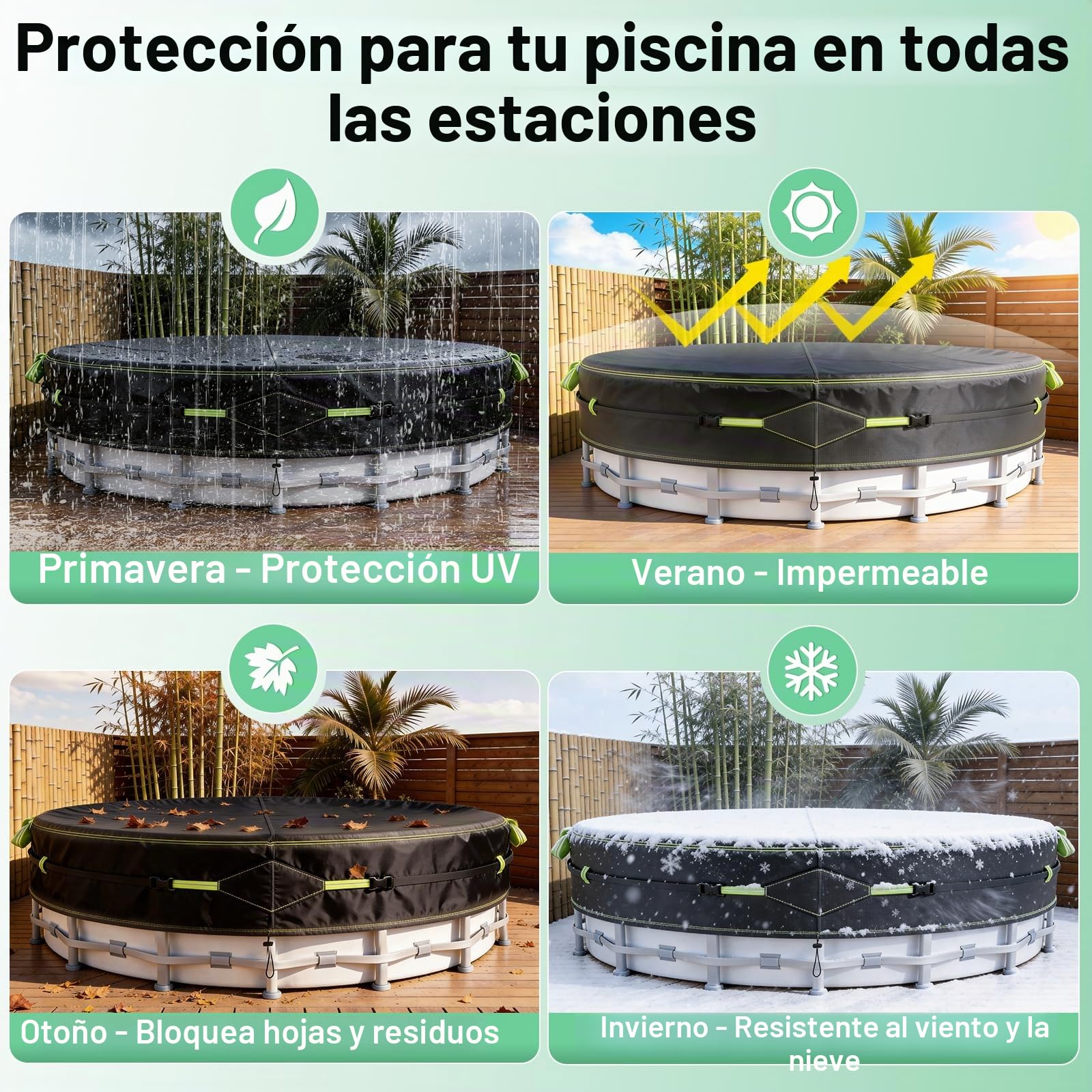 Cubierta para Piscina, Lona Piscina con Tiras Reflectantes, Estaca Luminosa, con Protección UV, Hermética al Polvo, para Piscinas Elevadas y Trampolines, Ø304 (260-302cm), Negro