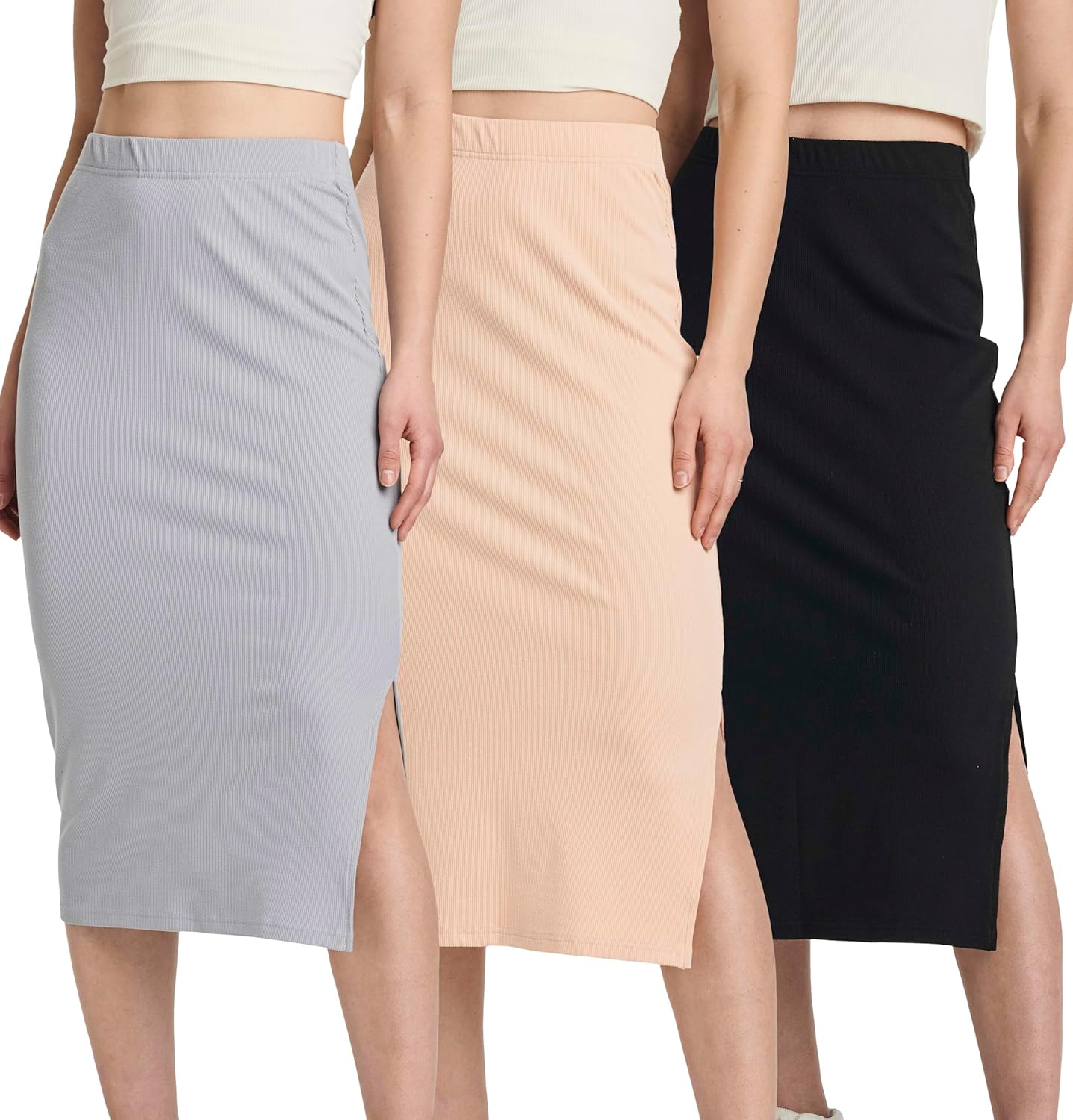 Real Essentials 3 Pack: Women's Midi Ribbed Knit Skirt with Side Slit - Stretchy Work Business Casual Pencil Pull-On Skirts