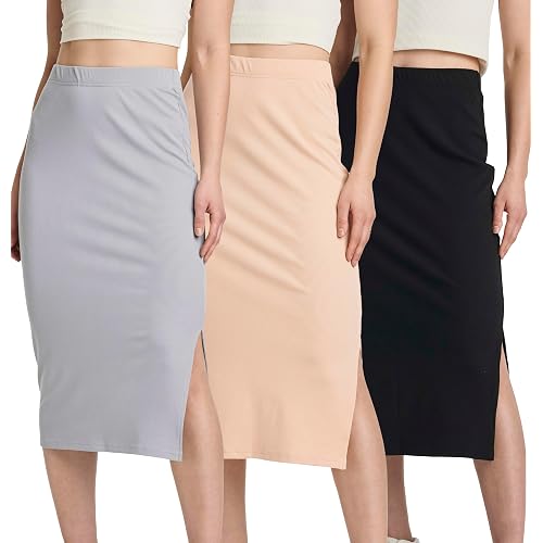 Real Essentials 3 Pack: Women's Midi Ribbed Knit Skirt with Side Slit - Stretchy Work Business Casual Pencil Pull-On Skirts