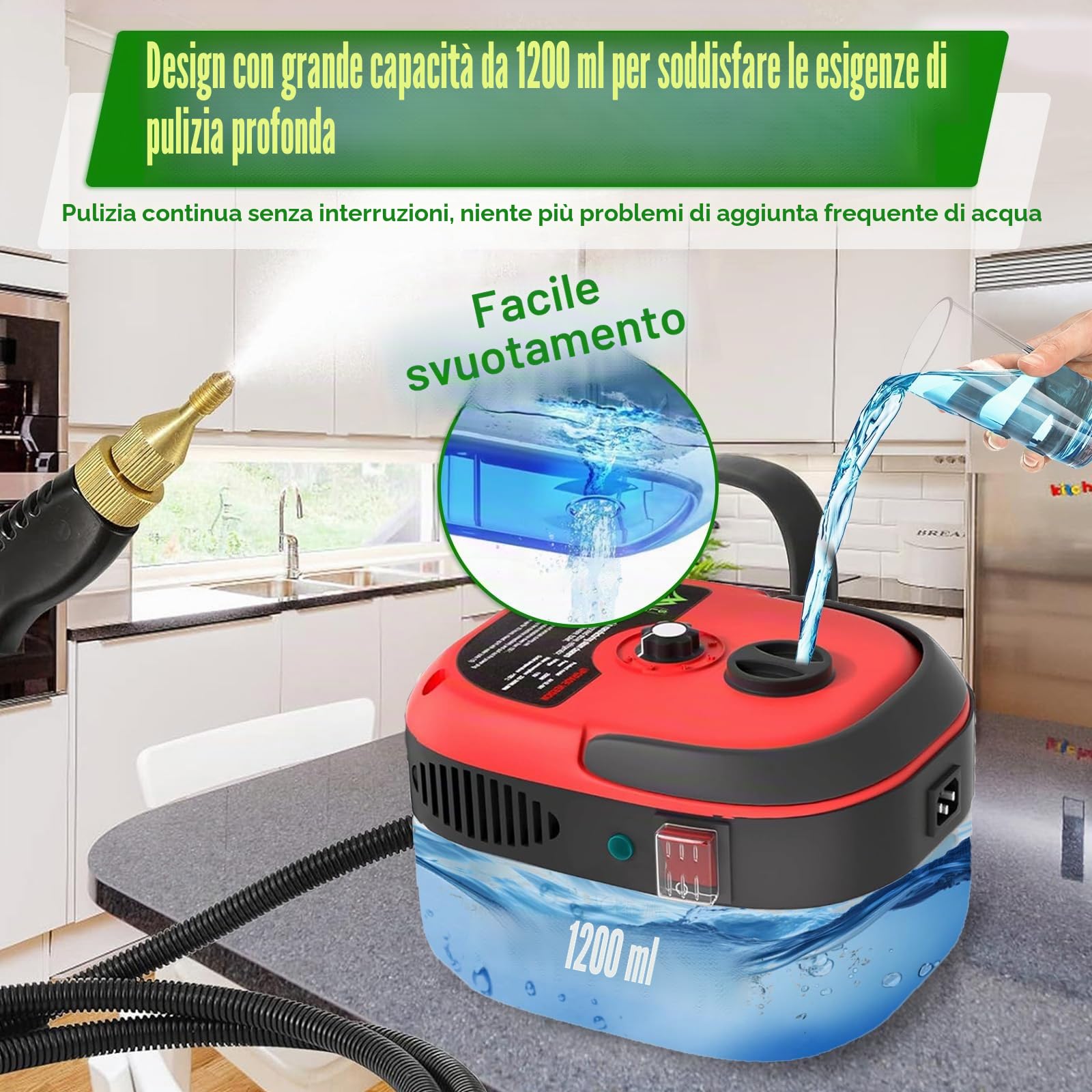 Pulitore a Vapore Portatile 2500W, 6 Velocità, 1000ML | riscaldamento 10 secondi, per casa/cucina/bagno/finestre/auto, grande capacità, facile da usare, maniglia ergonomica