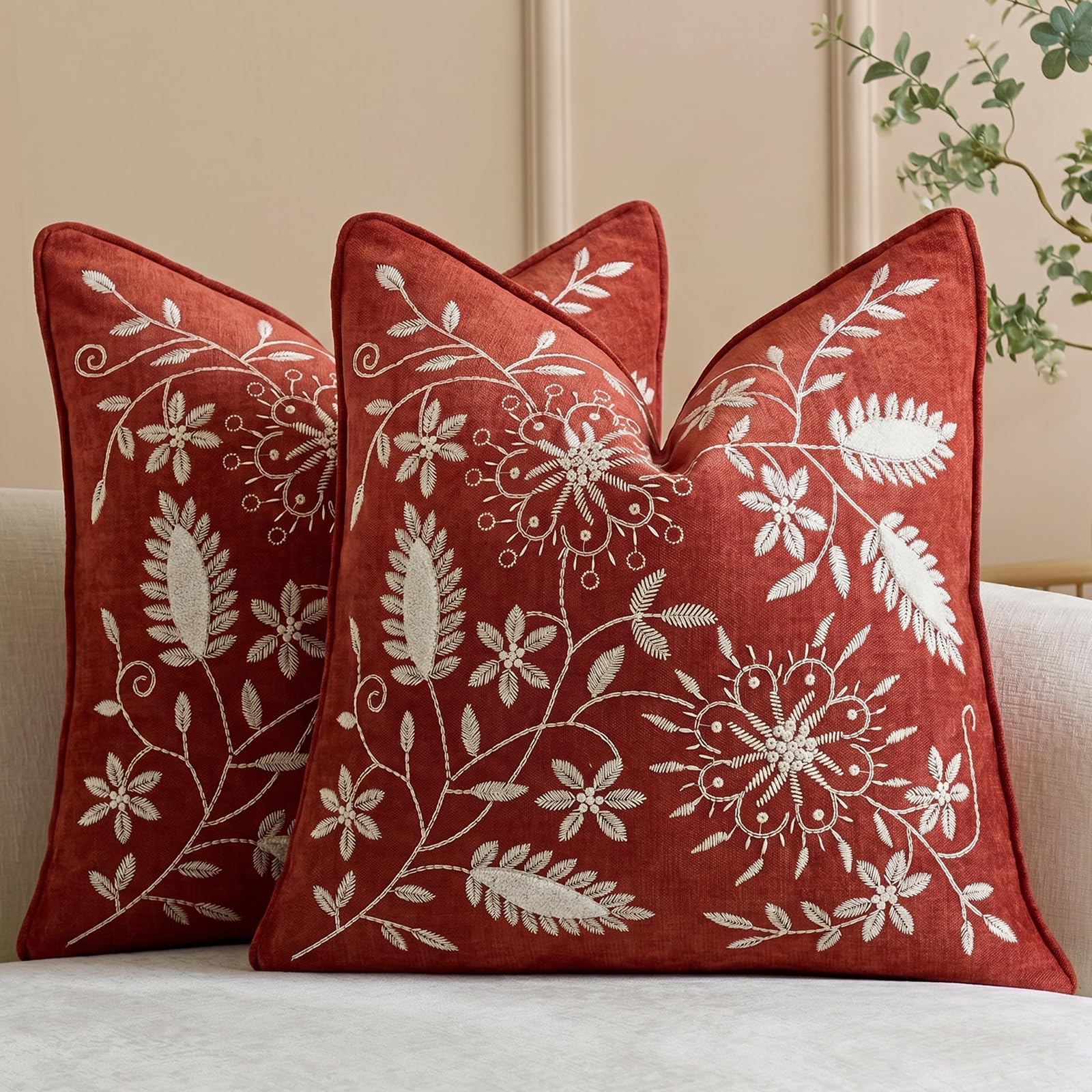 HOSTECCO Set of 2 Embroidered Cushion Covers 45x45 cm, Luxury Chenille Decorative Scatter Cushions with Floral Embroidery, Boho Retro Terracotta Pillow Cases for Sofa Couch Bed
