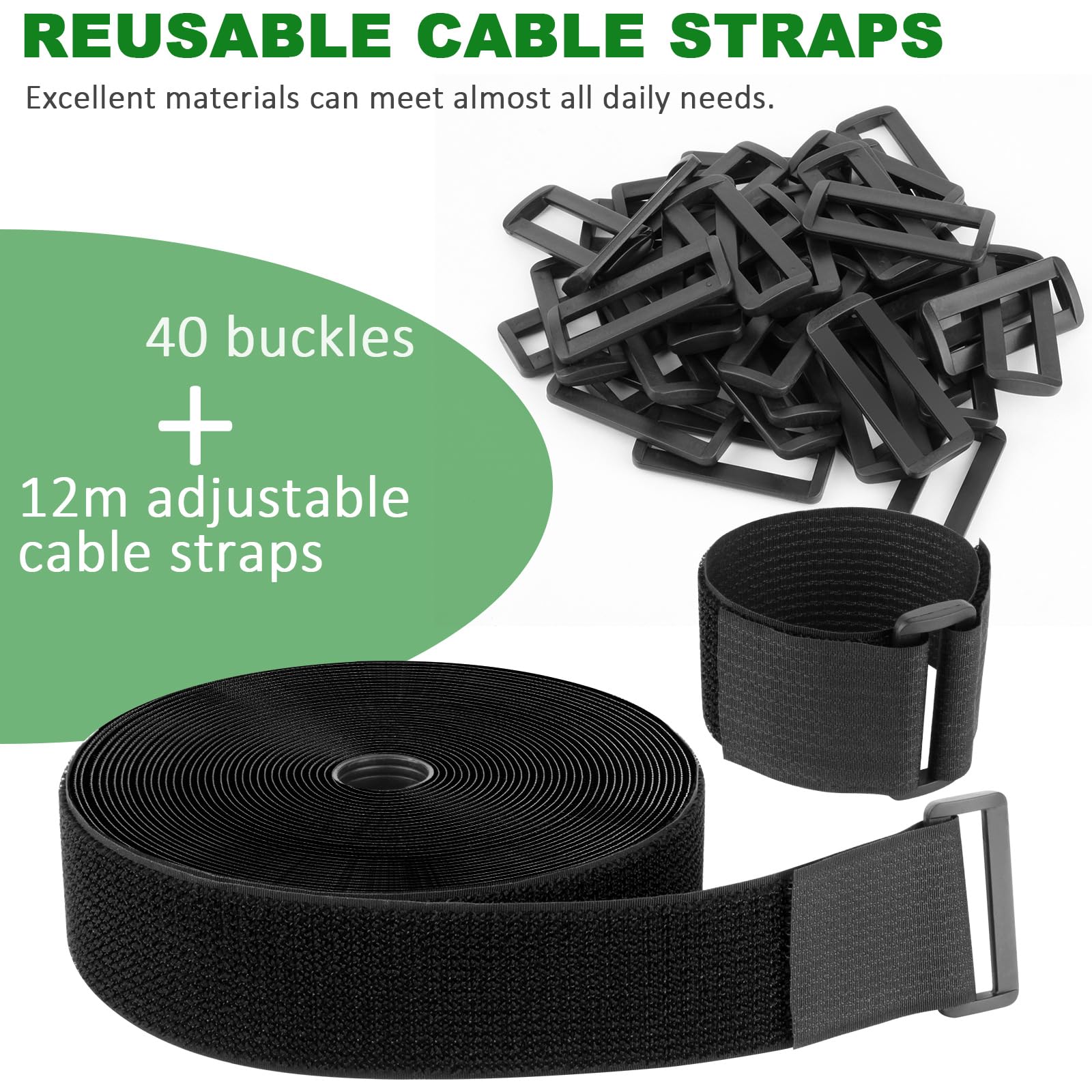 Sangles de Câble Réglables de 12m avec 40 Boucles, Sangle de Fixation à Crochet et Boucle Pour la Gestion des Câbles, Aongueur de Coupe Libre, Attaches Réutilisables en Nylon(12m x 5cm)