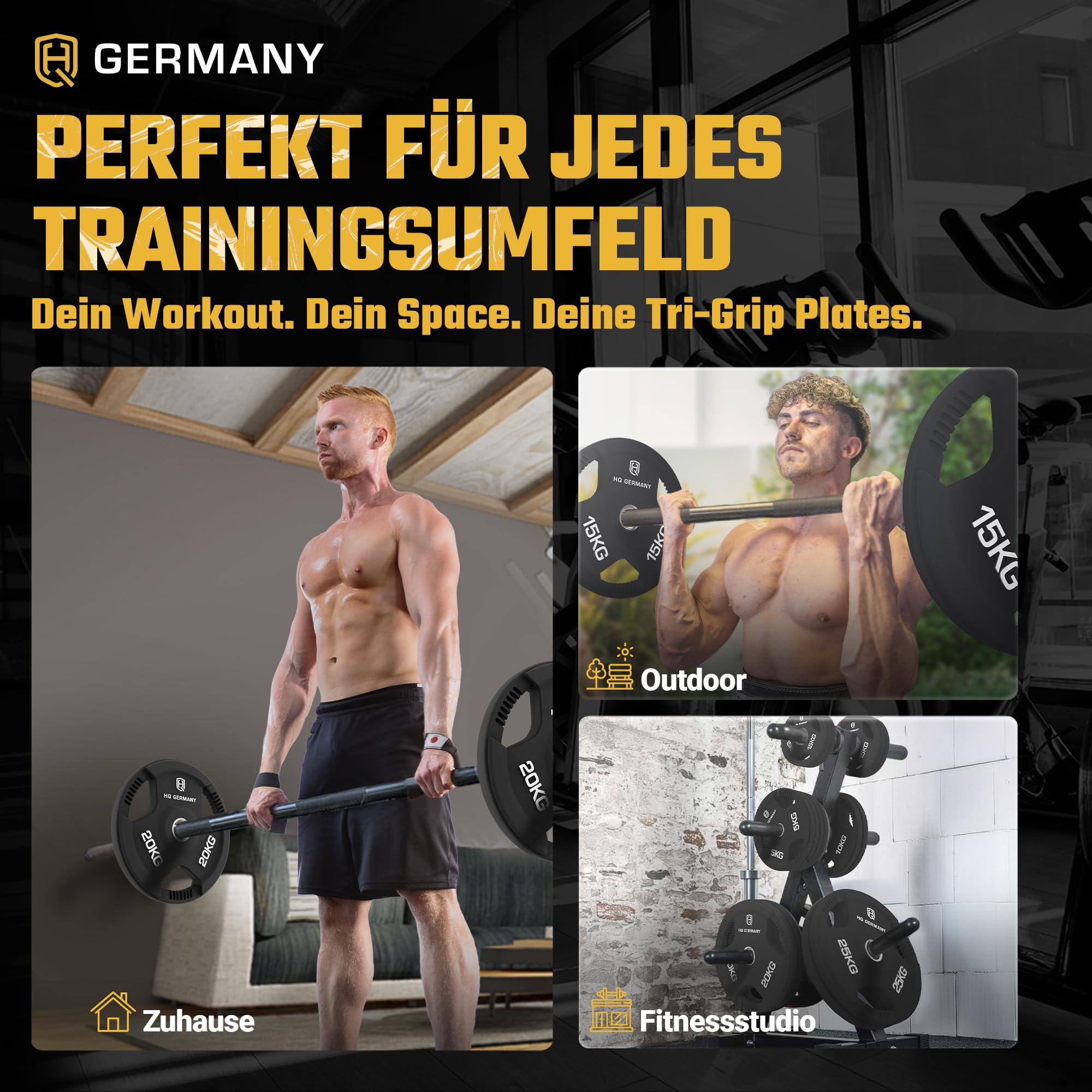 HQ Germany® Hantelscheiben 50mm [Sets / 1.25-25kg] - Tri-Grip Bumper Plates - Hantelscheiben Set 50mm, Gewichtsscheiben, Gewichte für Hantel, Gewicht Weight Plates in Premium-Qualität