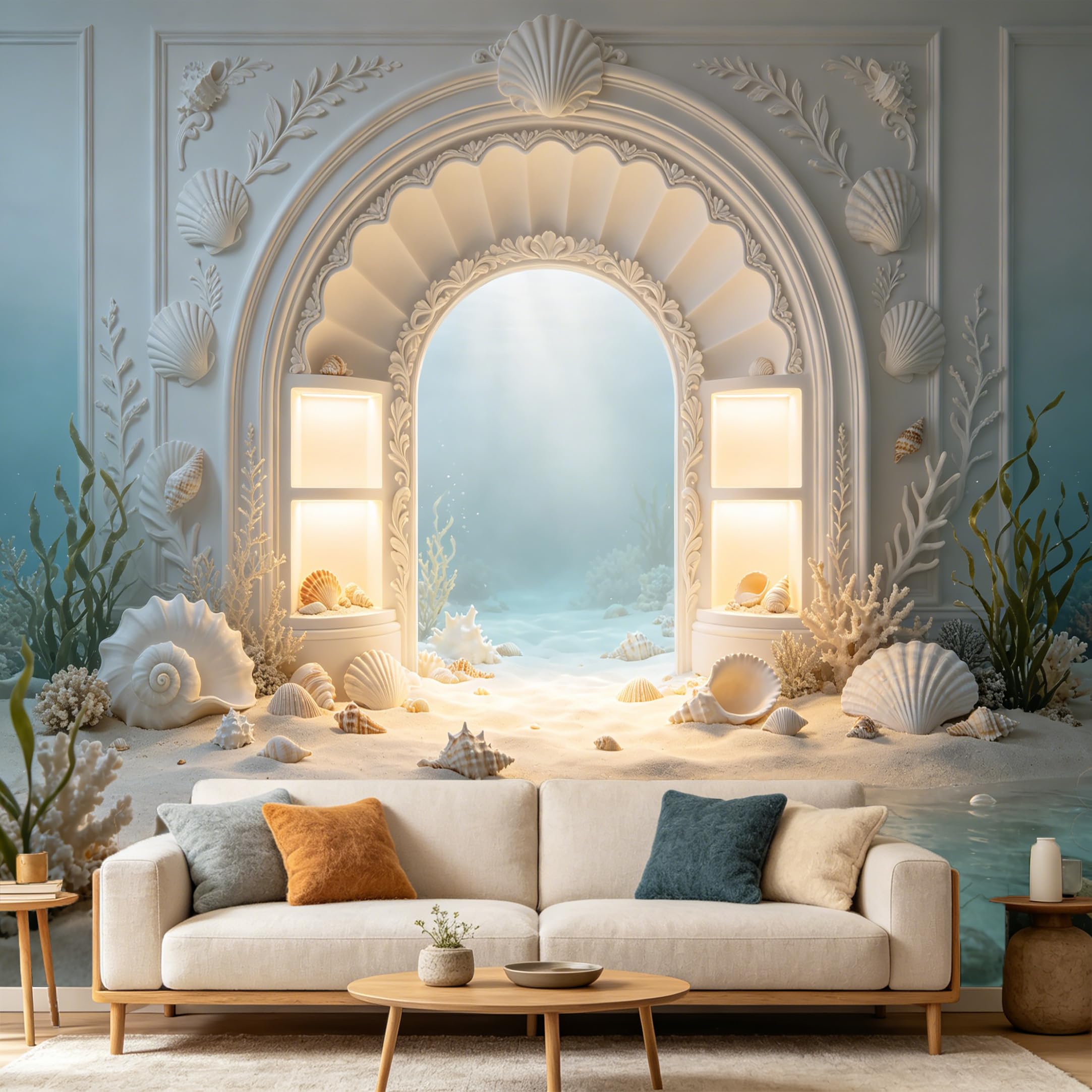 Custom Size Wall Mural， 3D Underwater Archway White Seashells Ocean Coastal Decor， SelfAdhesive Art Prints wall Fabric Removable Large Wallpaper Home Living Room Decor