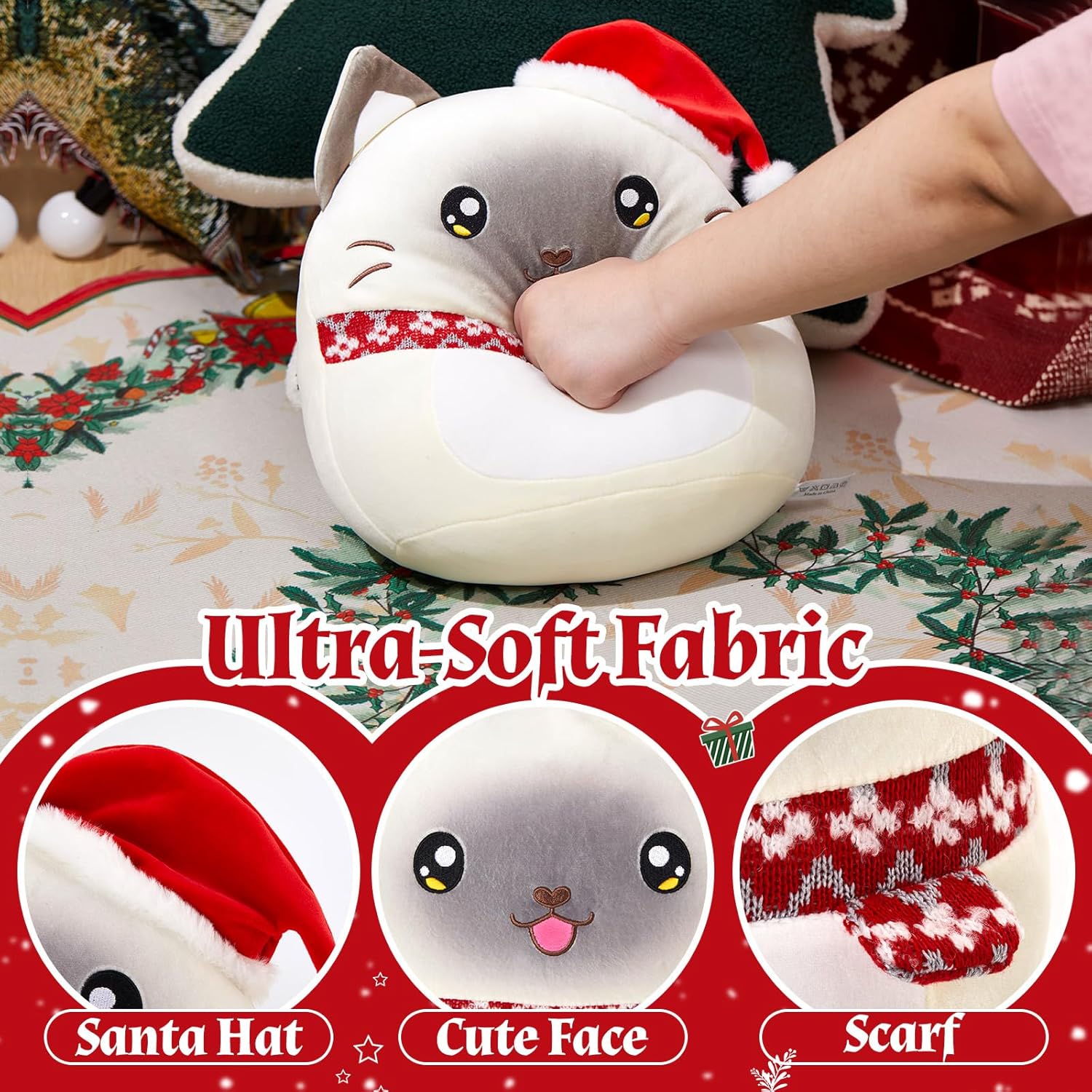Athionsu 15インチ クリスマス 猫 ぬいぐるみ 枕 サンタの帽子付き ソフトで抱きしめたくなる猫のぬいぐるみ クリスマスホ