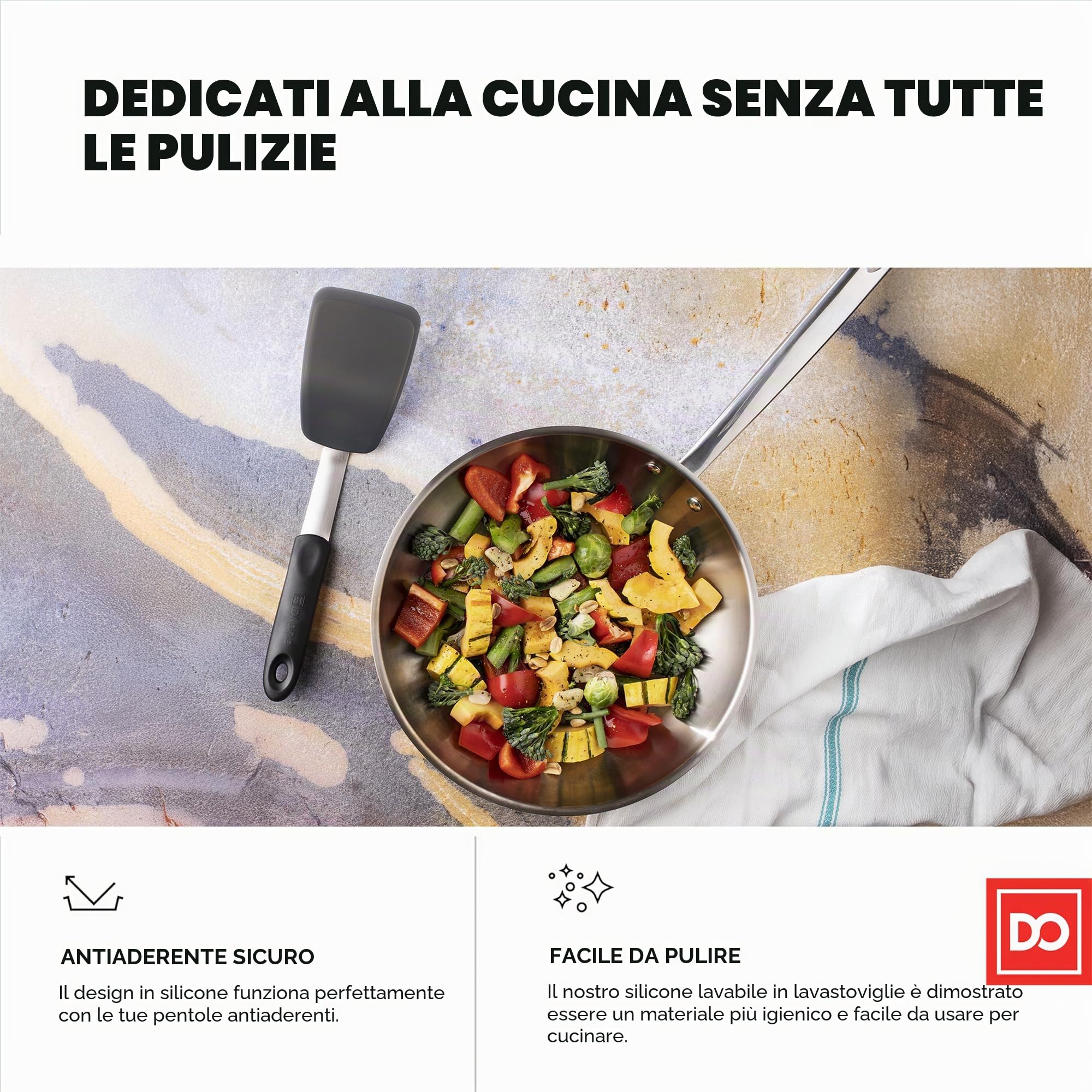 DI ORO® - Serie Chef - Spatola standard in silicone e acciaio inossidabile - Resistente al calore fino a 315°C - La migliore paletta da cucina - Perfetto per uova e frittelle