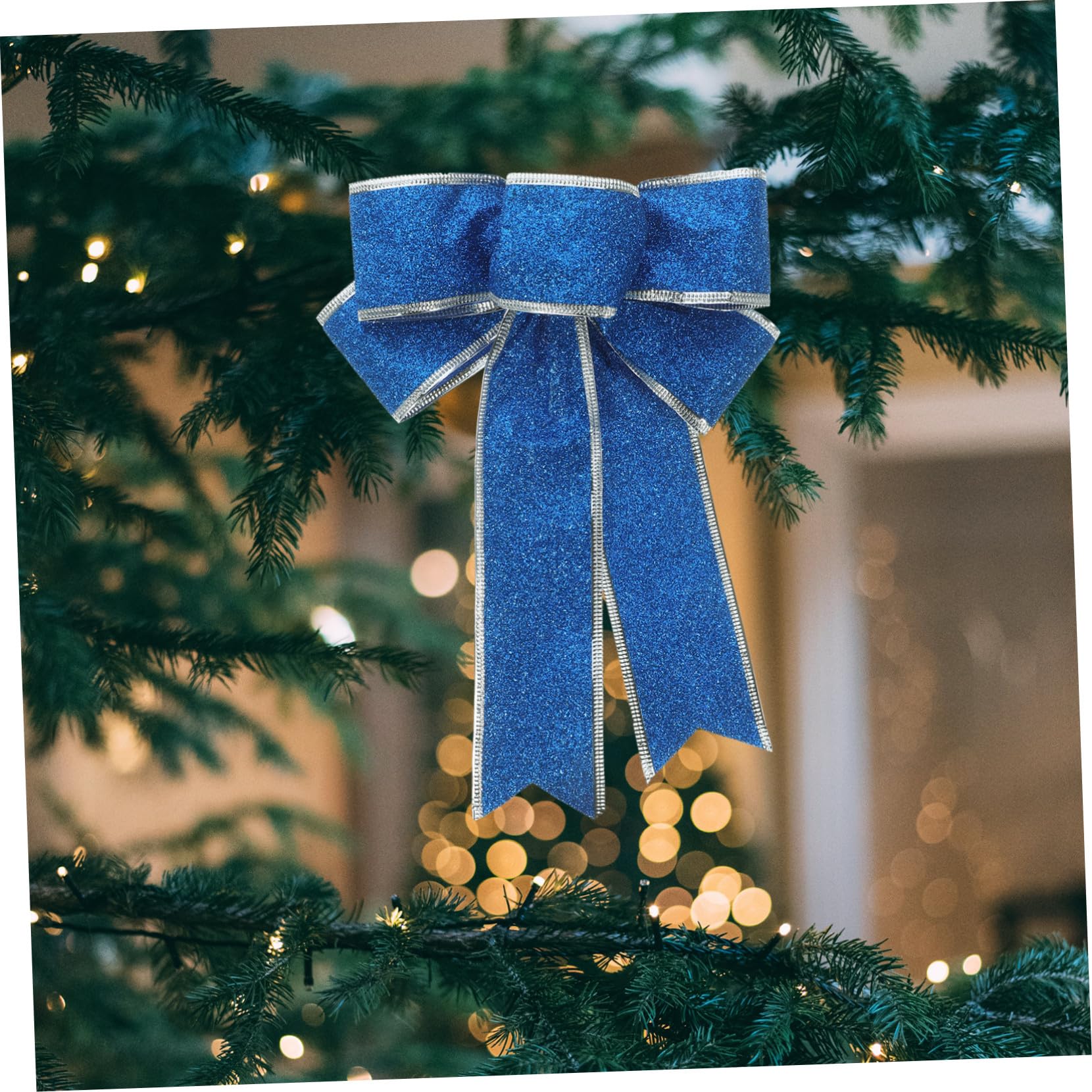 WOONEKY 5 Stück Glitzernde Weihnachtsdekorationsschleifen Große Stoffschleifen in Blau Fertige Geschenkbandknoten für Weihnachtsbaum Tür Wand und Tischdeko Festliche