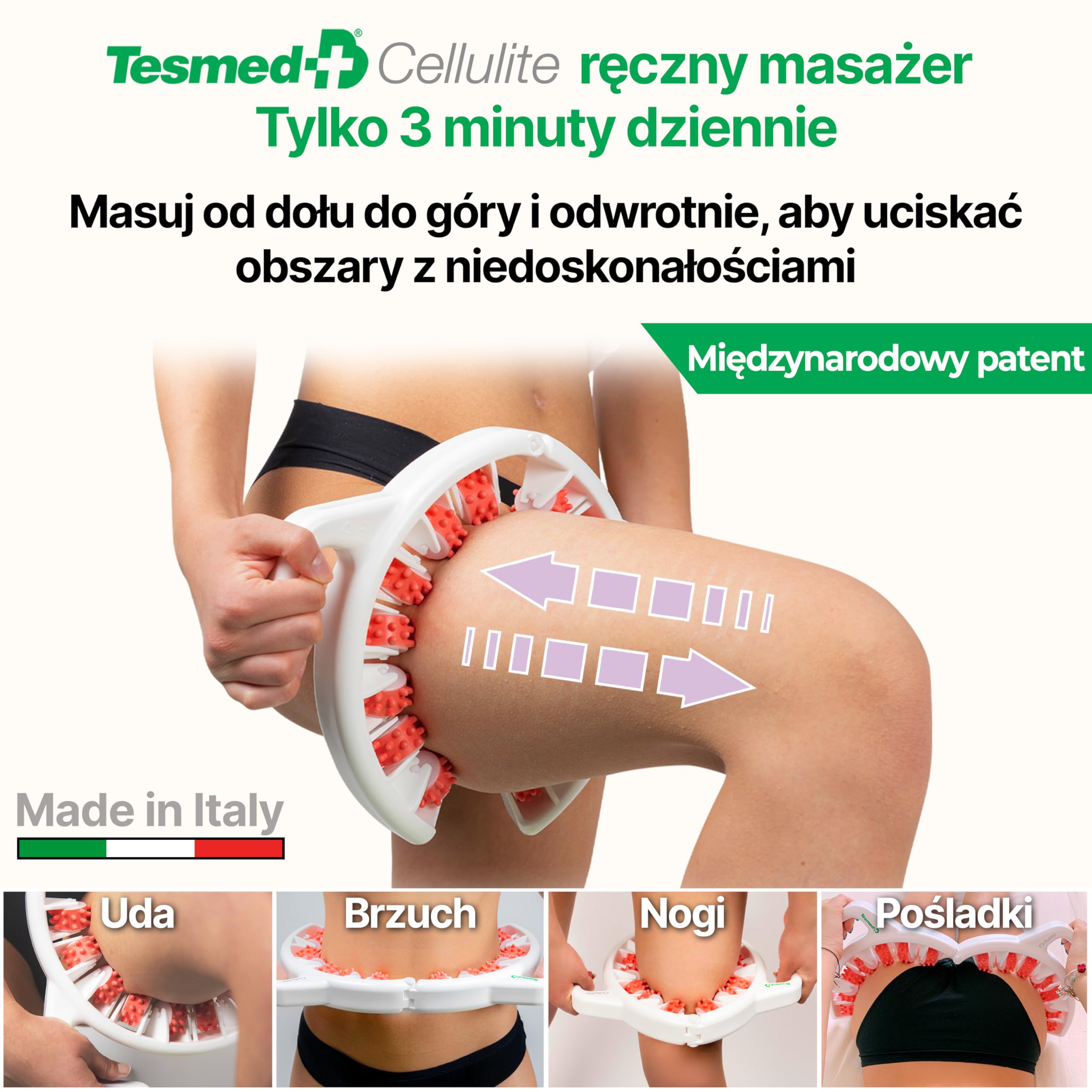 TESMED CELLULITE Ręczny opatentowany masażer antycellulitowy – masażer antycellulitowy i urządzenie ujędrniające skórę na nogi, pośladki i uda – Wyprodukowano we Włoszech