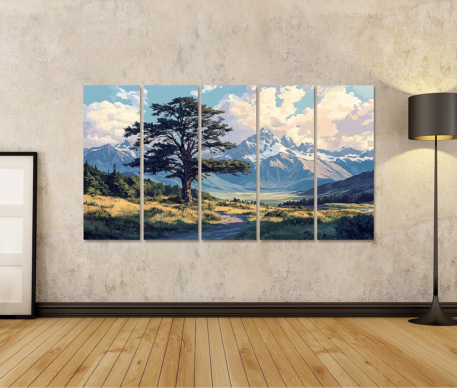 islandburner Primer cuadro sobre lienzo árbol frente a majestuosos picos de montañas y nubes cuadros cuadros murales carteles