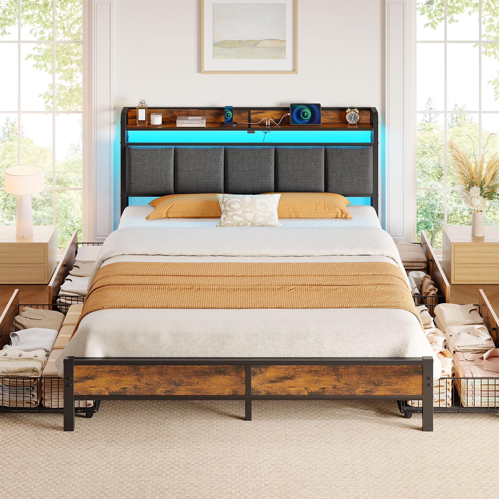 Rolanstar Bed Frame Queen Size with Charging Station and LED Lights, Upholstered Storage Headboard with Drawers, Heavy Duty Metal Slats, No Box Spring Needed, Easy Assembly, Rustic Brown