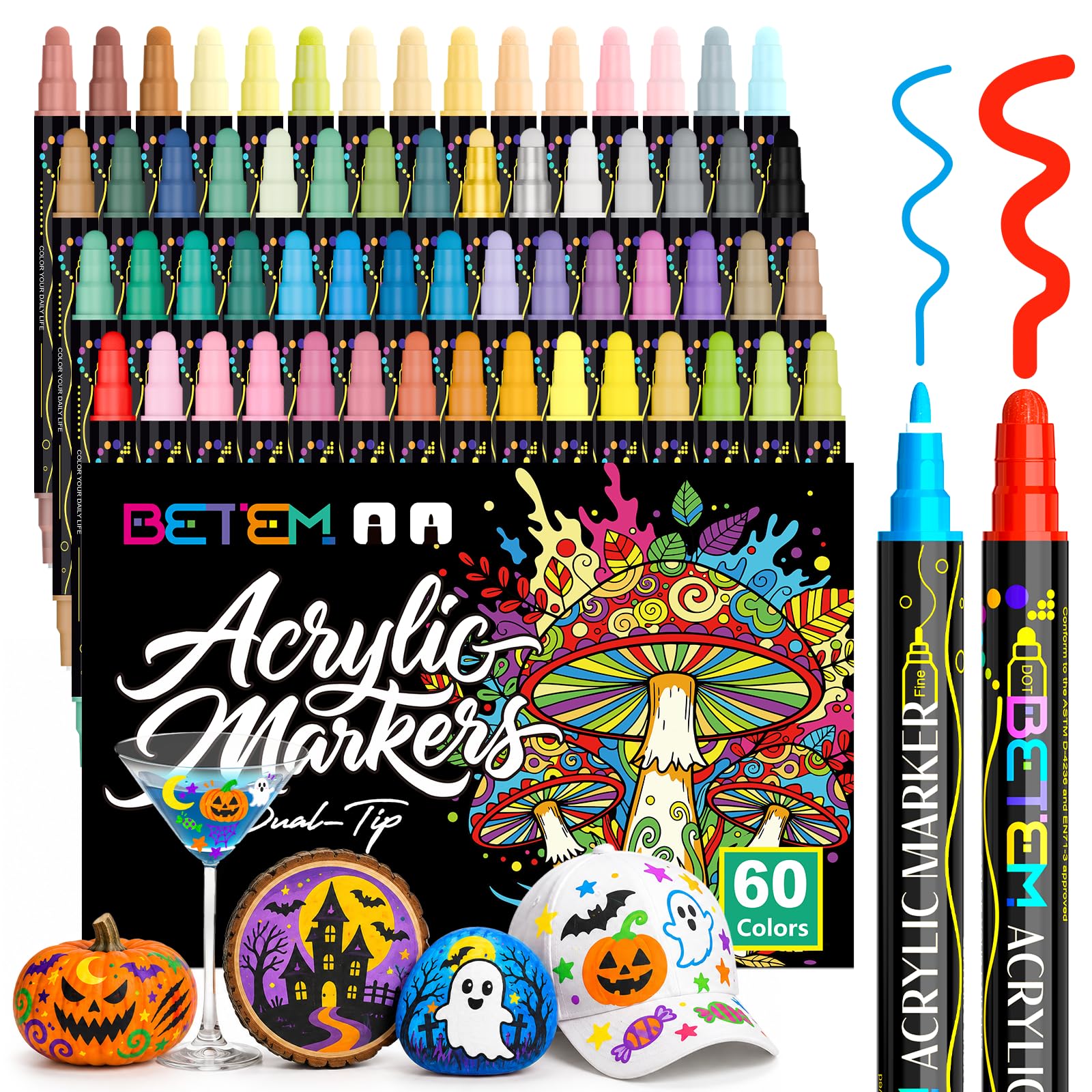 Betem 60 Colors Dual Tip Acrylic Paint Markers, Fabric Decorating Kits | Acrylic Paint Pe…