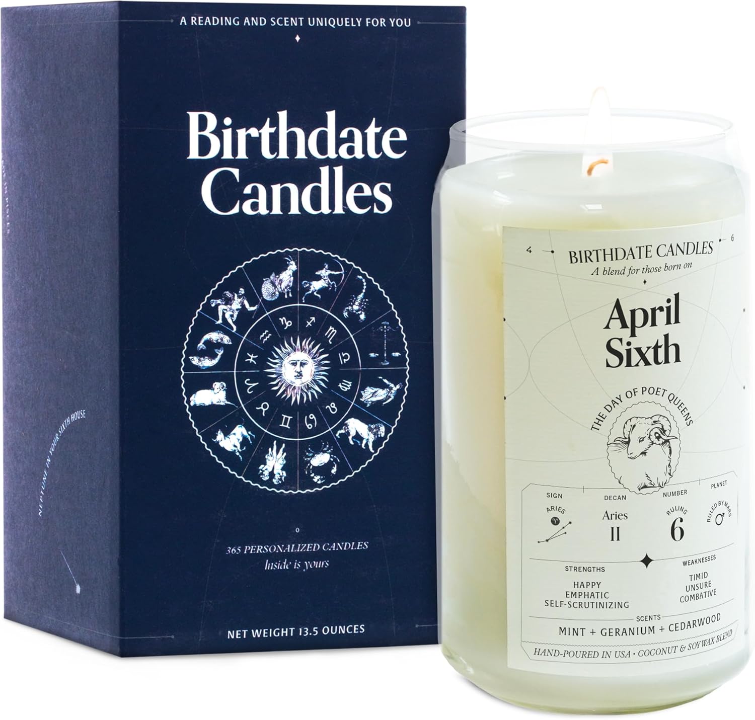 Birthdate Candles, April 6 - Aries Zodiac Scented Candles Birthday Gift - Mint, Geranium & Cedarwood Scent - All-Natural Soy & Coconut Wax, 60-80 Hour Burn Time - Made in USA