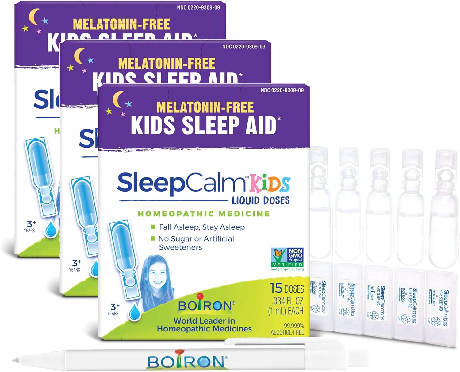 Boiron SleepCalm Kids Liquid Doses -15 Count (Pack of 3) Bundle with Pen - Sleep Aid for Deep, Relaxing, Restful Nighttime Sleep - Melatonin-Free and Non Habit-Forming