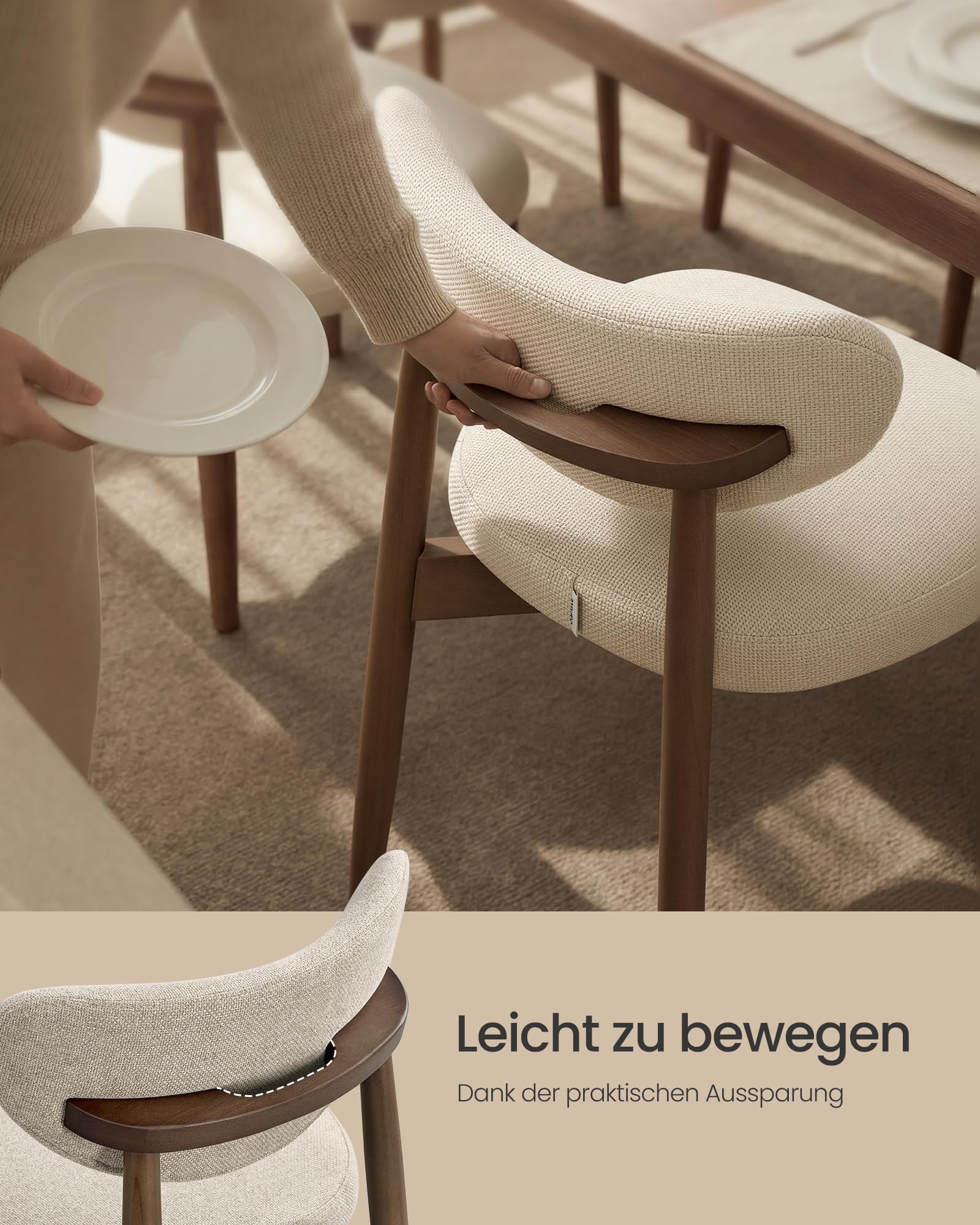 VASAGLE Esszimmerstuhl 6er Set, Küchenstuhl, Polsterstuhl mit Massivholzbeinen, ergonomische Rückenlehne, Aussparung als Griff, Mid-Century-Modern-Stil, Küche, cappuccinobeige KDC668L101-3J