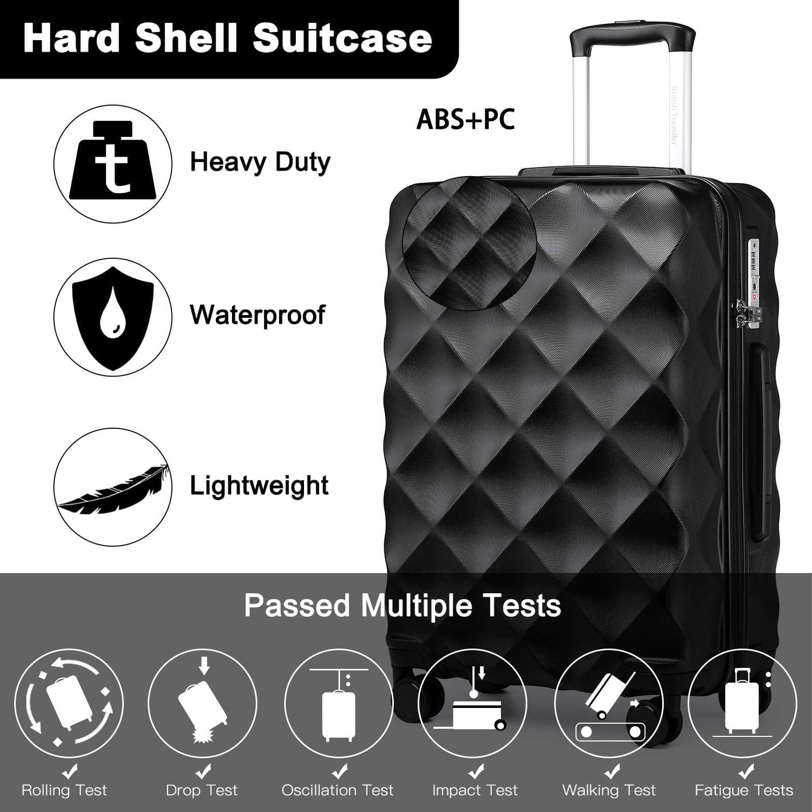 British Traveller Valigia Grande Trolley 73CM Valigie Rigida ABS+PC con Rotelle Girevoli e TSA Lucchetto (28pollici, Nero)