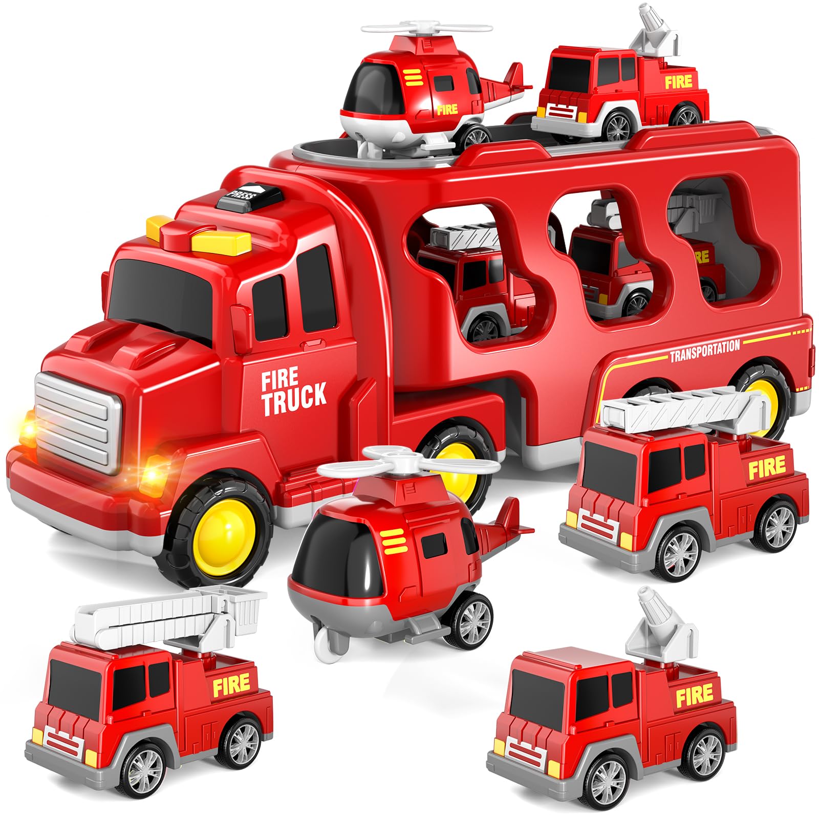 BLmukce Todder Truck Toys, 5 in 1 Fire Engine Trucks for Toddlers 1 2 3 Boys & Girls, Friction Power Car Carrier Transport Vehicle for Kids 4 5 6 Years Old with Light & Sound, Kids Birthday Gifts — image 1