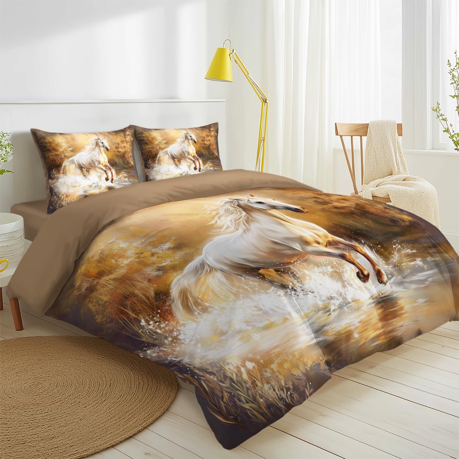 Générique Poszwa na kołdrę 200 x 200 cm fantazyjny krajobraz, zestaw pościeli 2-osobowej na prześcieradło z gumką, koń jezioro zestaw pościeli 4-częściowy z 2 poszewkami na poduszki