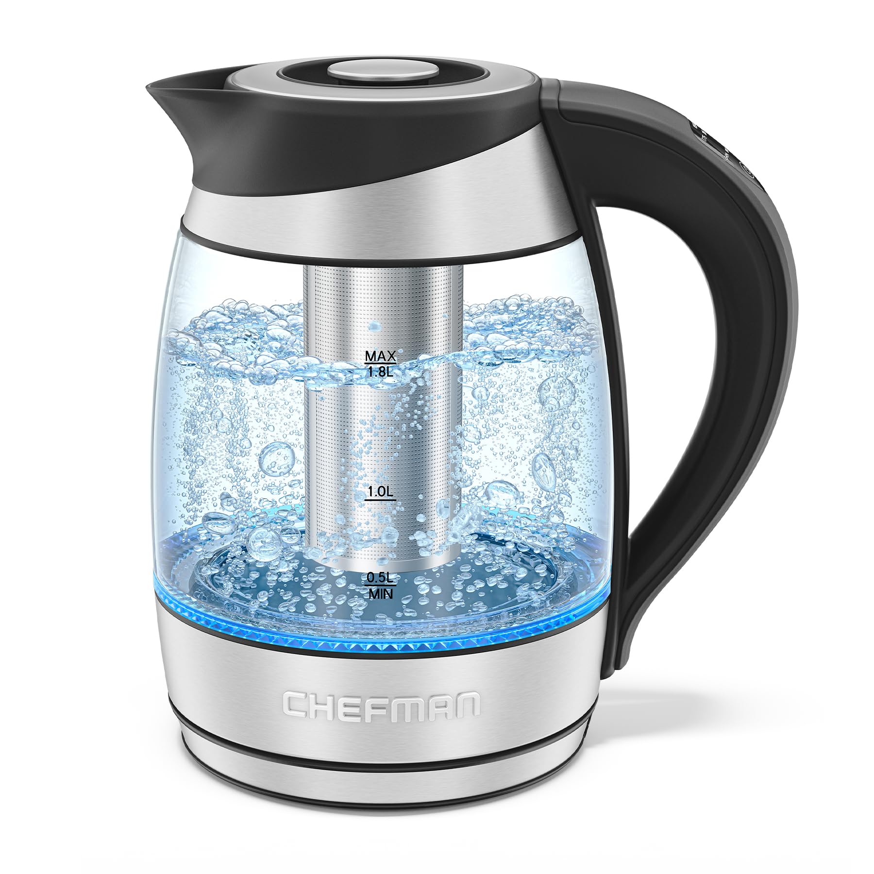Chefman Electric Kettle with Temperature Control, 5 Presets LED Indicator Lights, Removable Tea Infuser, Glass Tea Kettle & Hot Water Boiler, 360° Swivel Base, BPA Free, Stainless Steel, 1.8 Liters