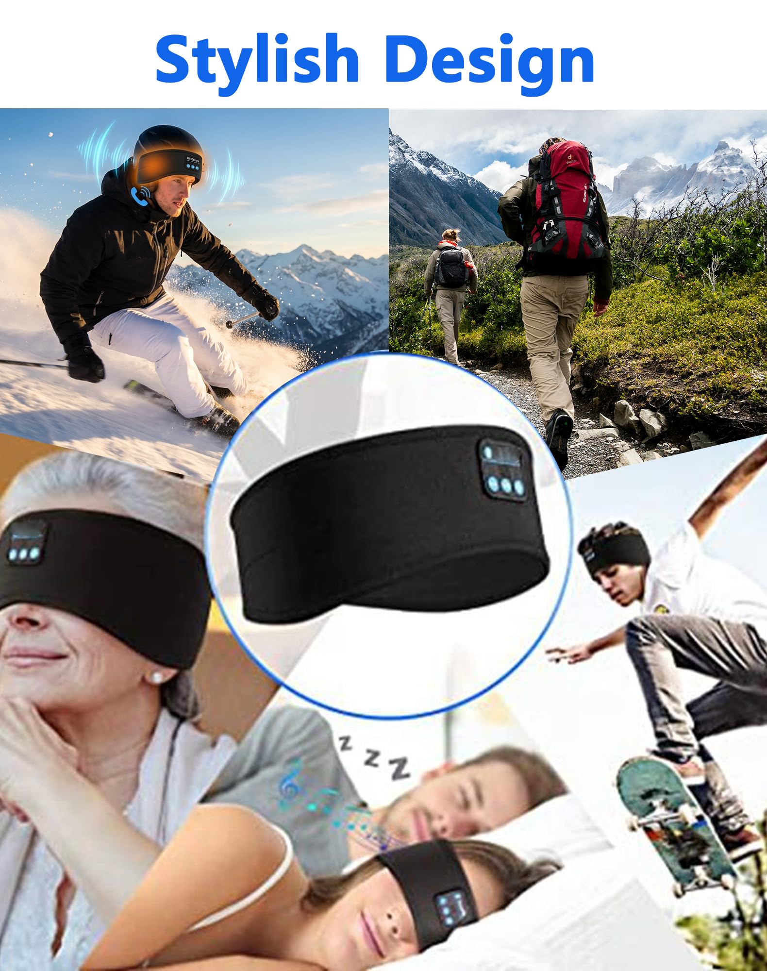 Ski Headband, Bluetooth Music Headband for Skiing, Soft, Helmet-Friendly Design, Wireless Headband Headphones with Built-In Speakers for Sleeping, Outdoor Sports (Black) — view 2