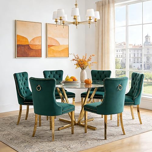 Miniatura 31 de Juego de mesa de comedor de cristal negro de lujo moderno de 45 pulgadas para 6, 7 piezas redondas de vidrio templado para cocina y comedor con Mesa