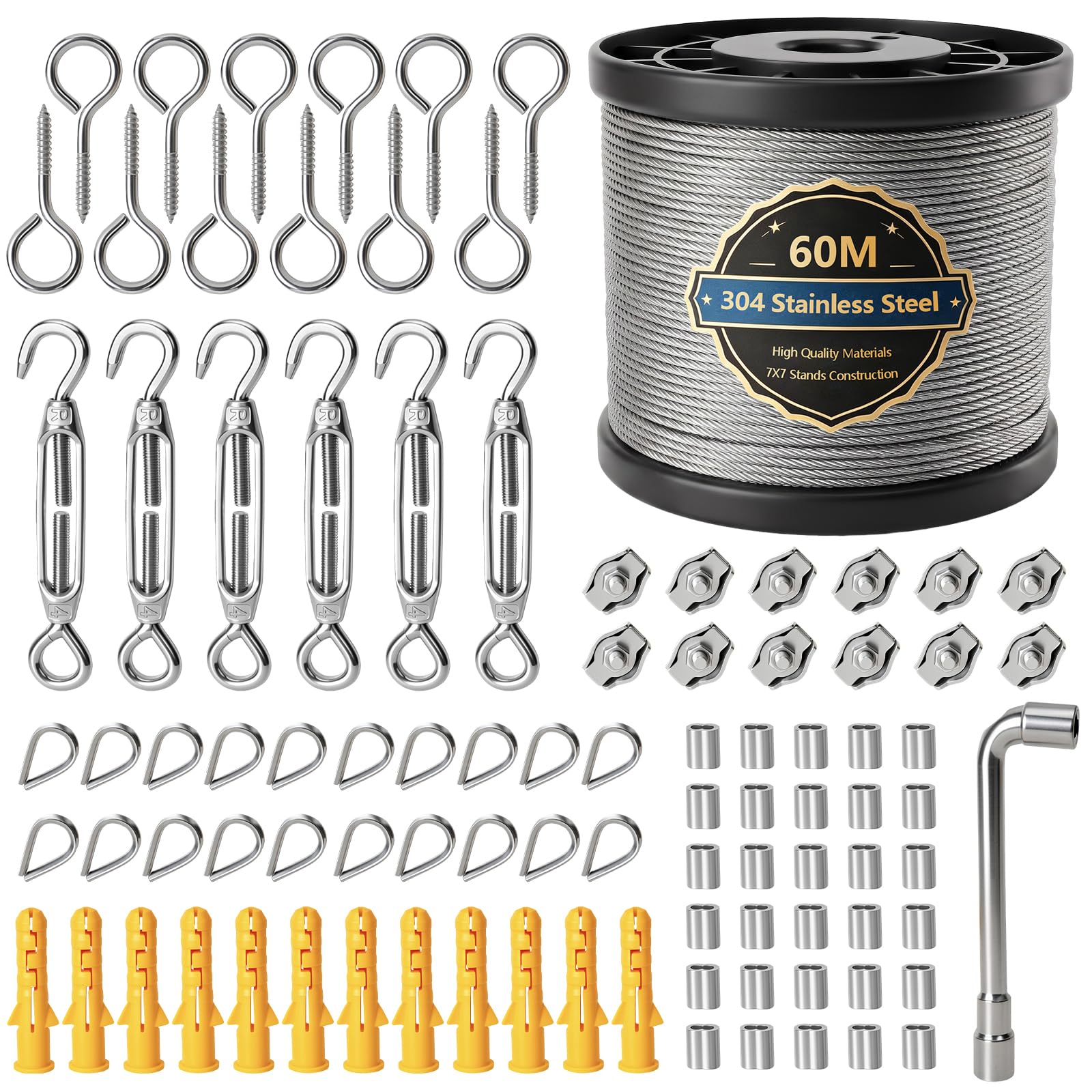 60M 2MM Corde en Acier Inoxydable à Suspendre Kit, Câble en Acier Inoxydable Revêtu pour Plantes Grimpante, Extérieur Suspension, Corde a linge, Lustre D'ExtéRieur