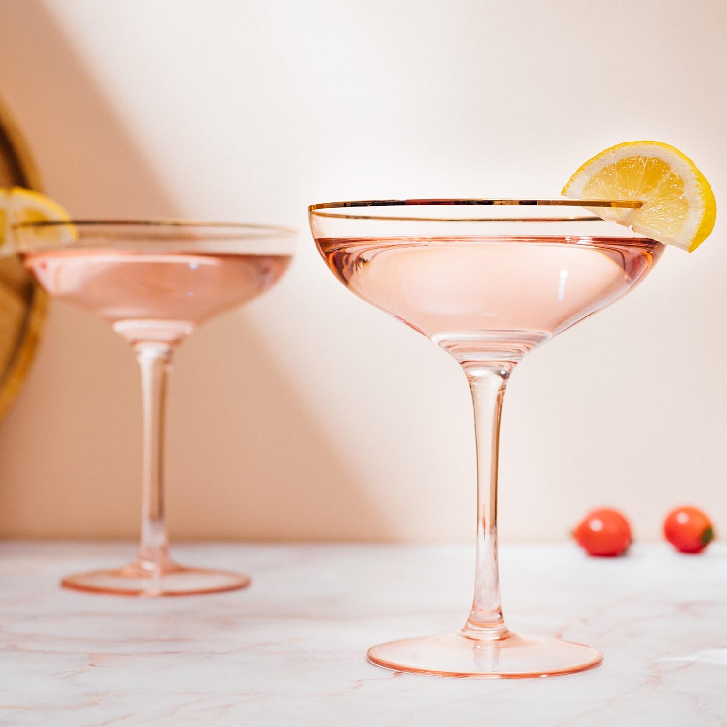 Vintage Art Deco Blush Pink 9oz Coupe Champagne, Martini & Cocktail Glasses with Gilded Gold Rim, Set of 2 - Elegant Tumblers, Ideal for Weddings, Anniversaries, and Special Celebrations, Gift Set