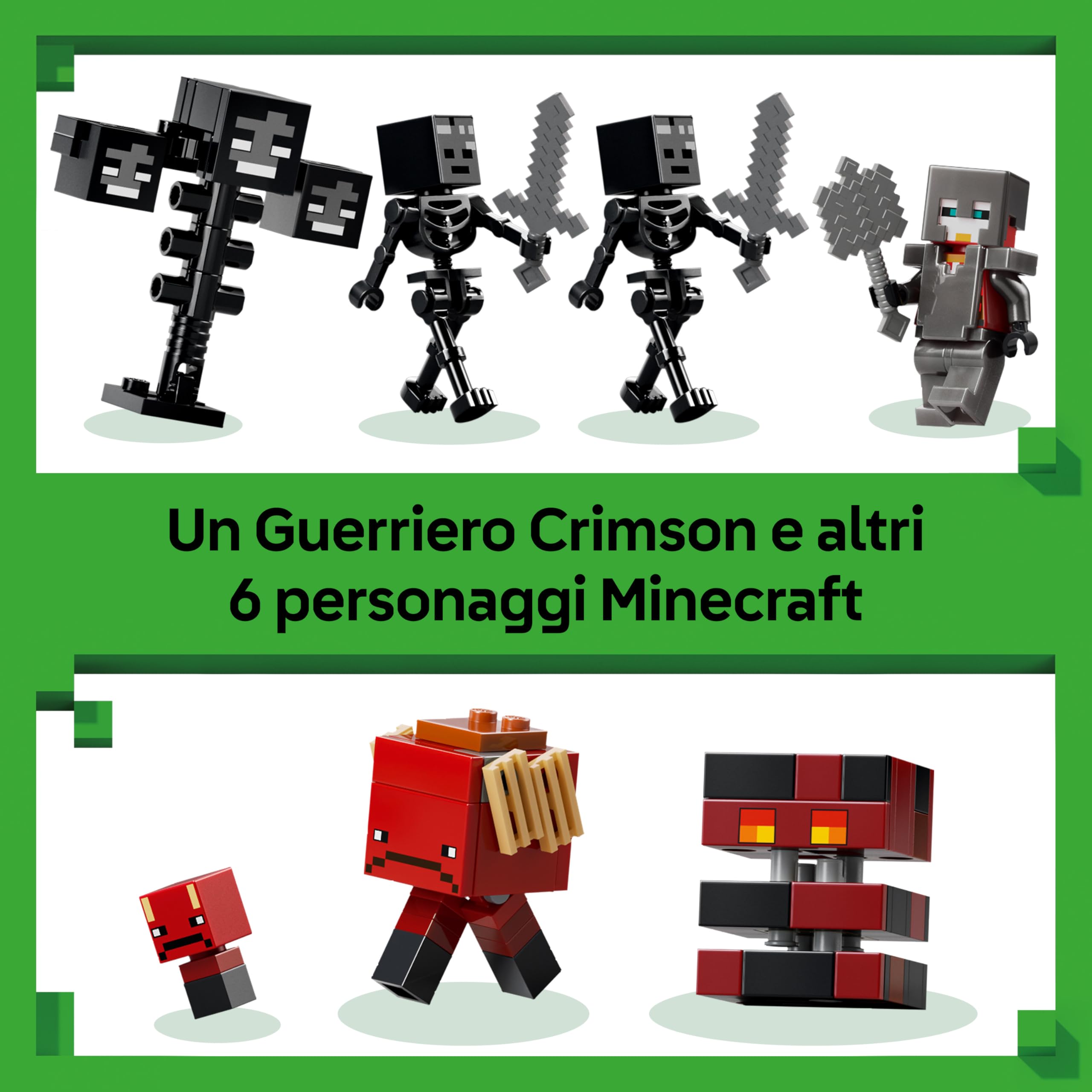 LEGO Minecraft Battaglia Contro il Wither - Giocattolo Interattivo con Guerriero Crimson, Strider, Cubo di Magma e 2 Figure di Scheletri Wither - Regalo per Gamer, Bambini e Bambine da 8 Anni - 21590
